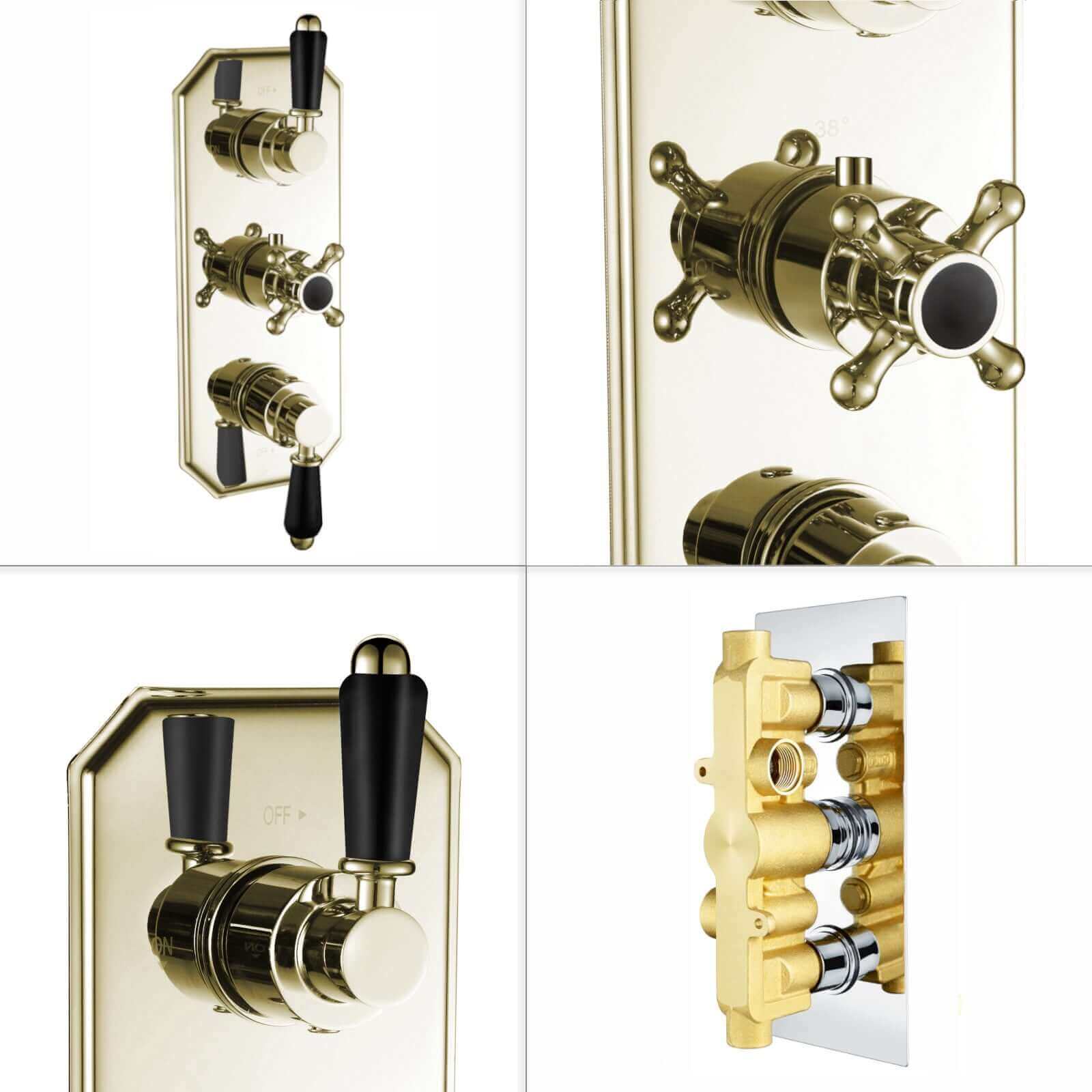 Regent traditional crosshead and black lever concealed thermostatic triple shower valve with 2 outlets - gold - Image 5