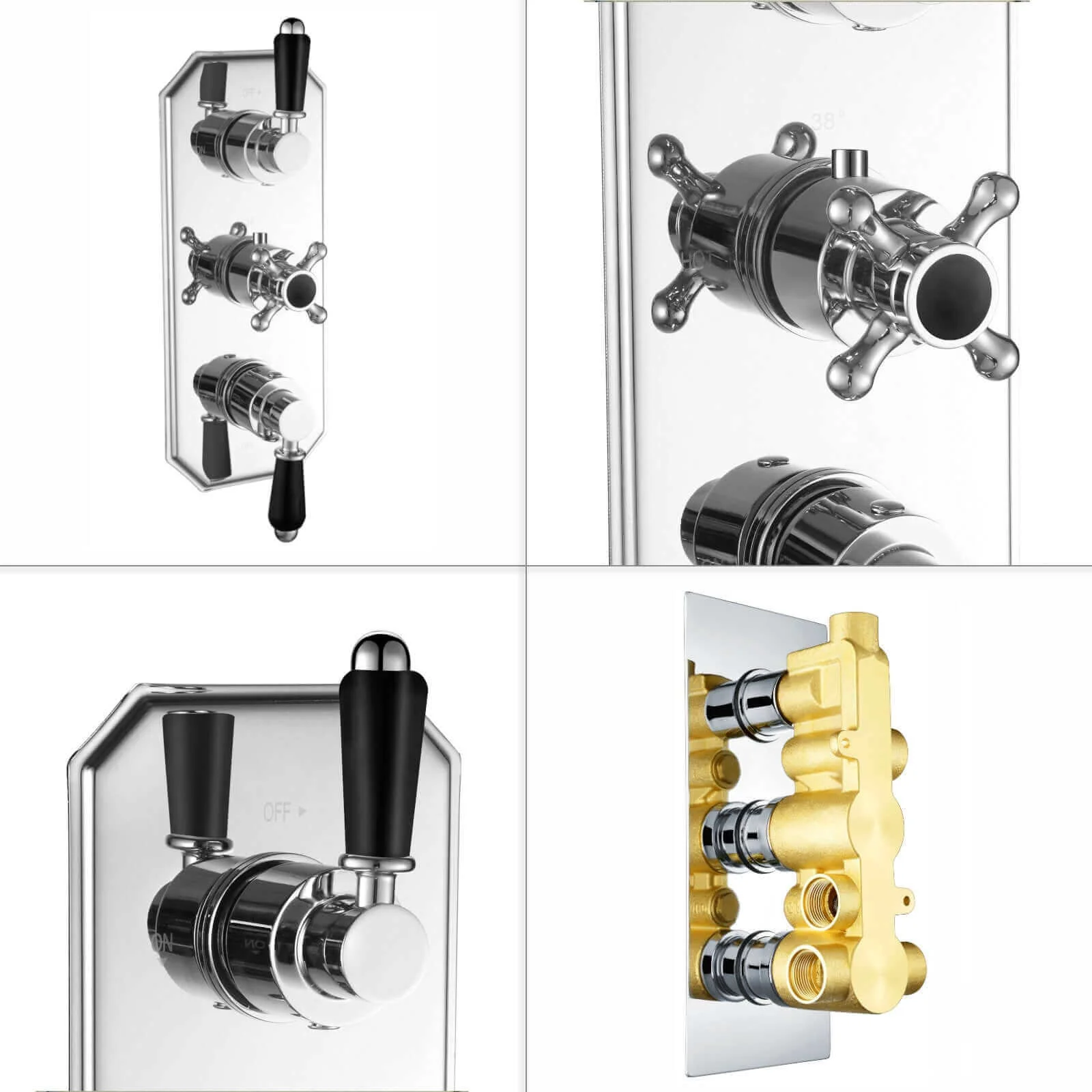 Regent traditional crosshead and black lever concealed thermostatic triple shower valve with 3 outlets - chrome - Image 5