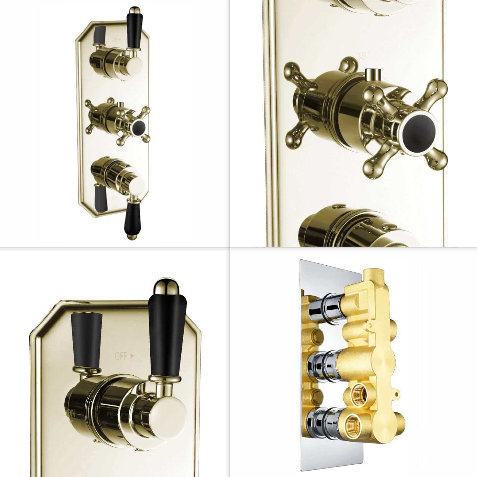 Regent traditional crosshead and black lever concealed thermostatic triple shower valve with 3 outlets - gold - Image 5