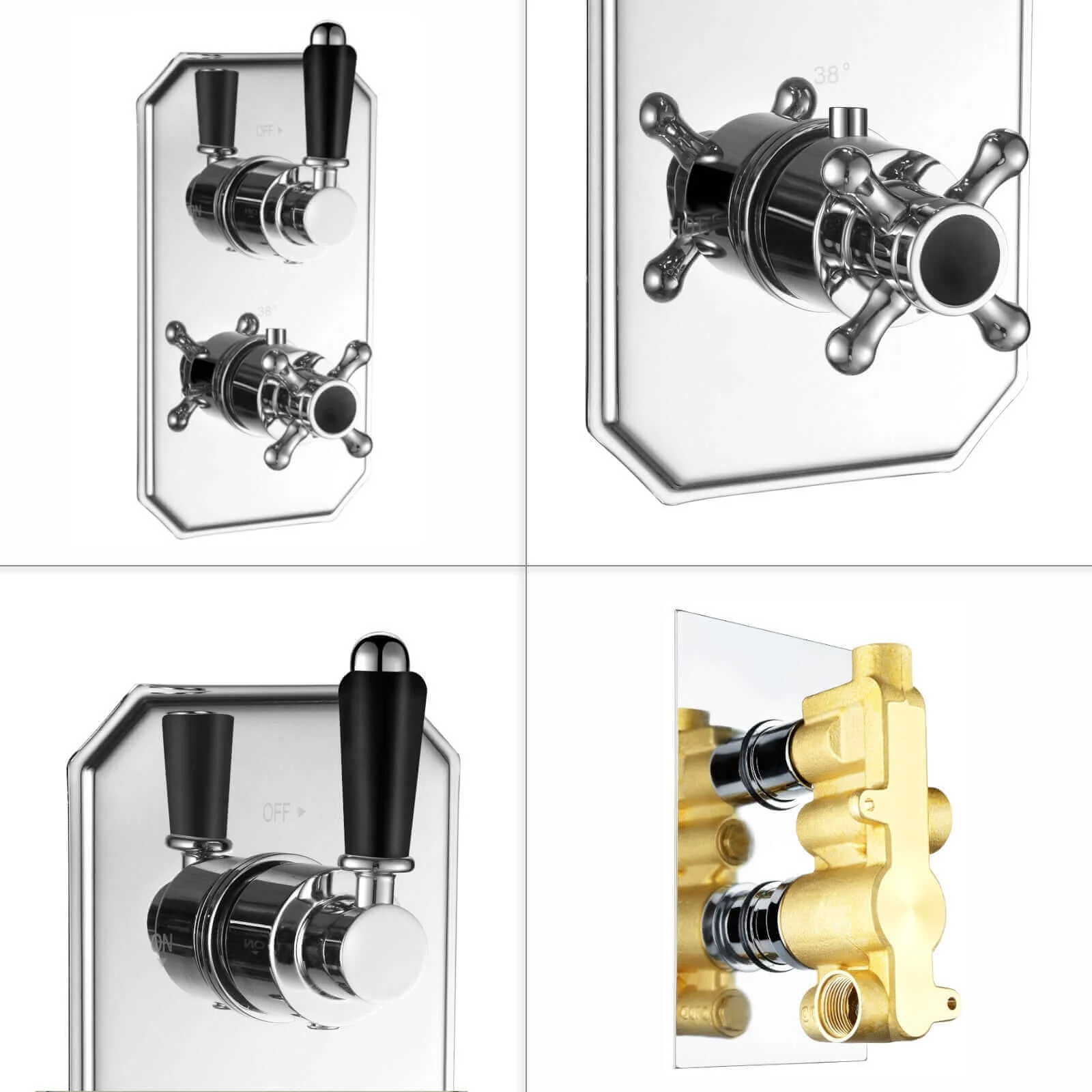 Regent traditional crosshead and black lever concealed thermostatic twin shower valve with 1 outlet - chrome - Image 5