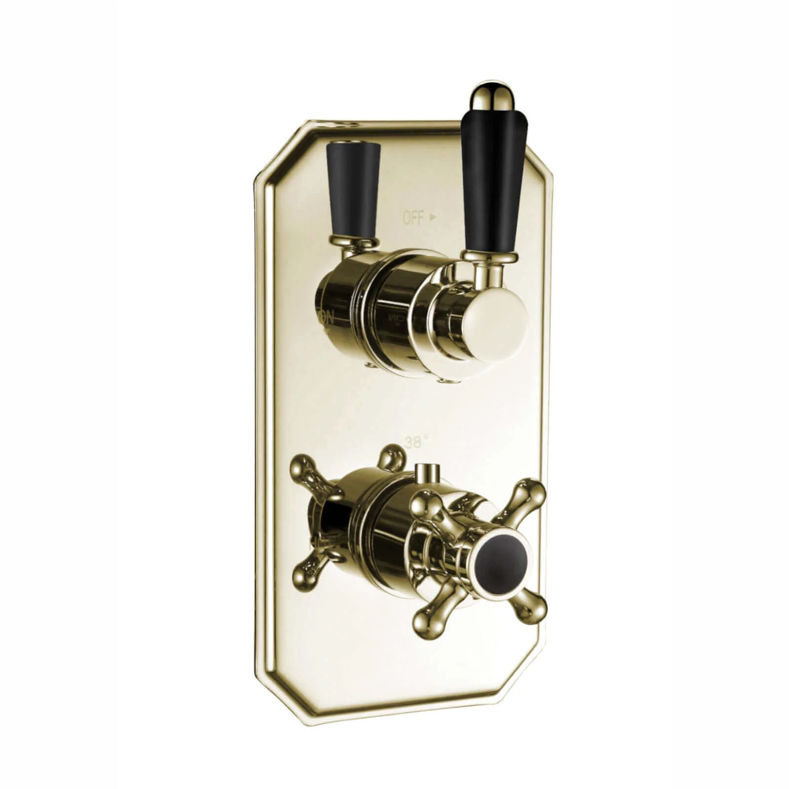 Regent traditional crosshead and black lever concealed thermostatic twin shower valve with 1 outlet - gold - Image 2