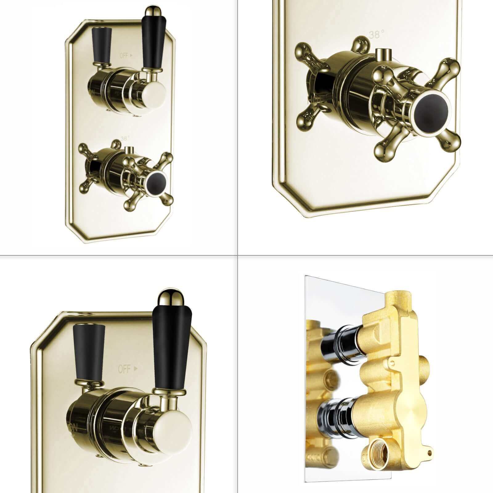 Regent traditional crosshead and black lever concealed thermostatic twin shower valve with 1 outlet - gold - Image 5