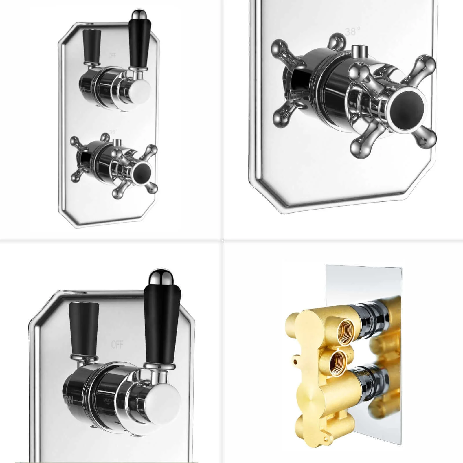 Regent traditional crosshead and black lever concealed thermostatic twin shower valve with 2 outlets - chrome - Image 5