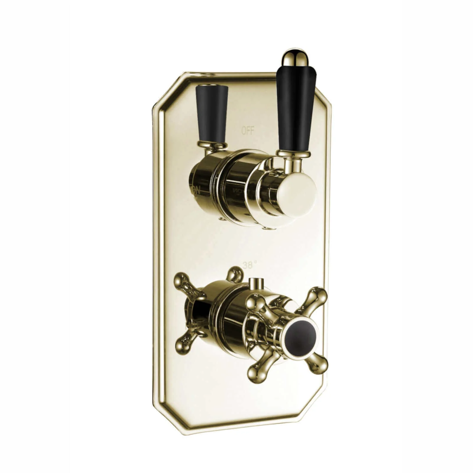 Regent traditional crosshead and black lever concealed thermostatic twin shower valve with 2 outlets - gold - Image 2