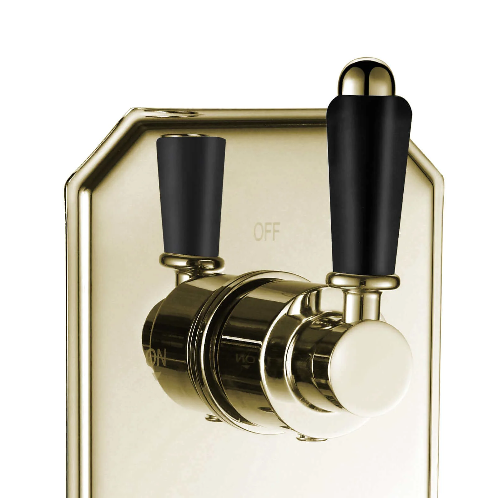 Regent traditional crosshead and black lever concealed thermostatic twin shower valve with 2 outlets - gold - Image 3