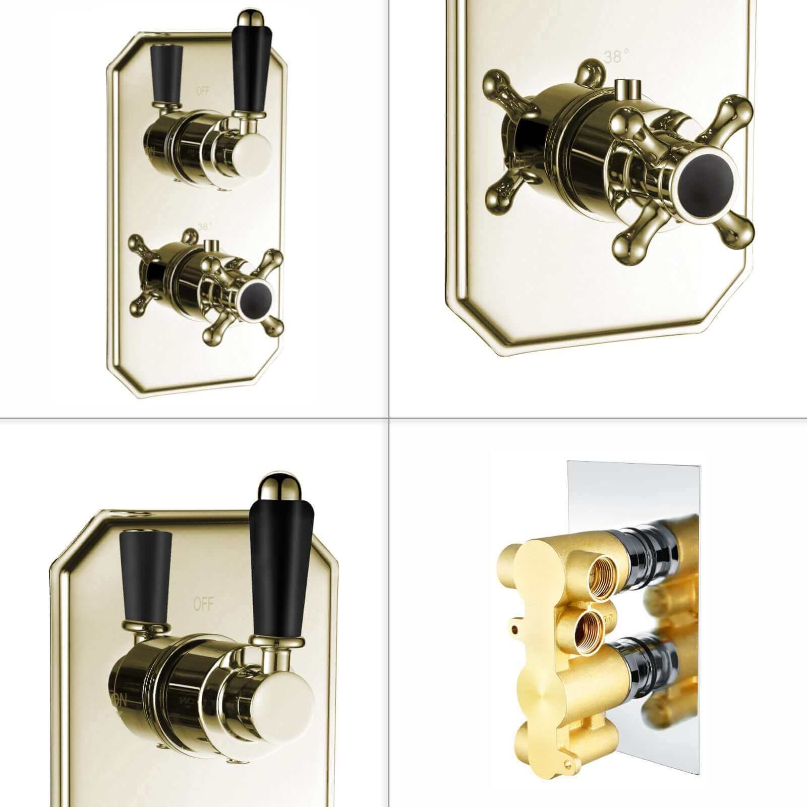 Regent traditional crosshead and black lever concealed thermostatic twin shower valve with 2 outlets - gold - Image 5