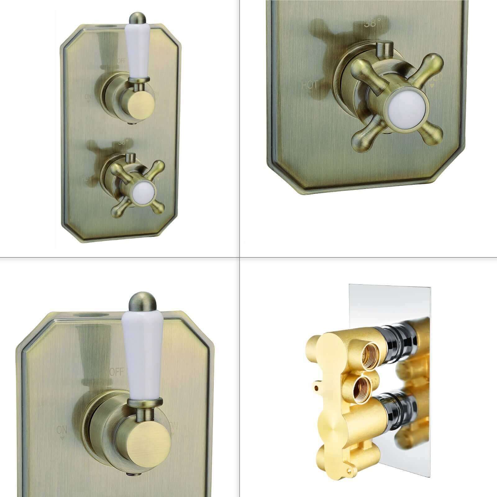 Regent traditional crosshead and lever concealed thermostatic twin shower valve with 2 outlets - antique brass - Image 5