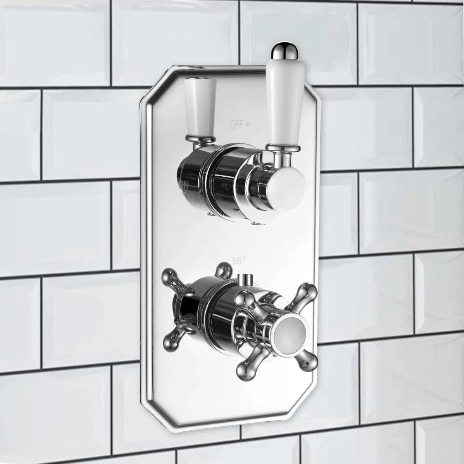 Regent Traditional Crosshead And White Lever Concealed Thermostatic Shower Set Ceiling Fixed 8" Shower Head - Chrome (1 Outlet) - Image 2