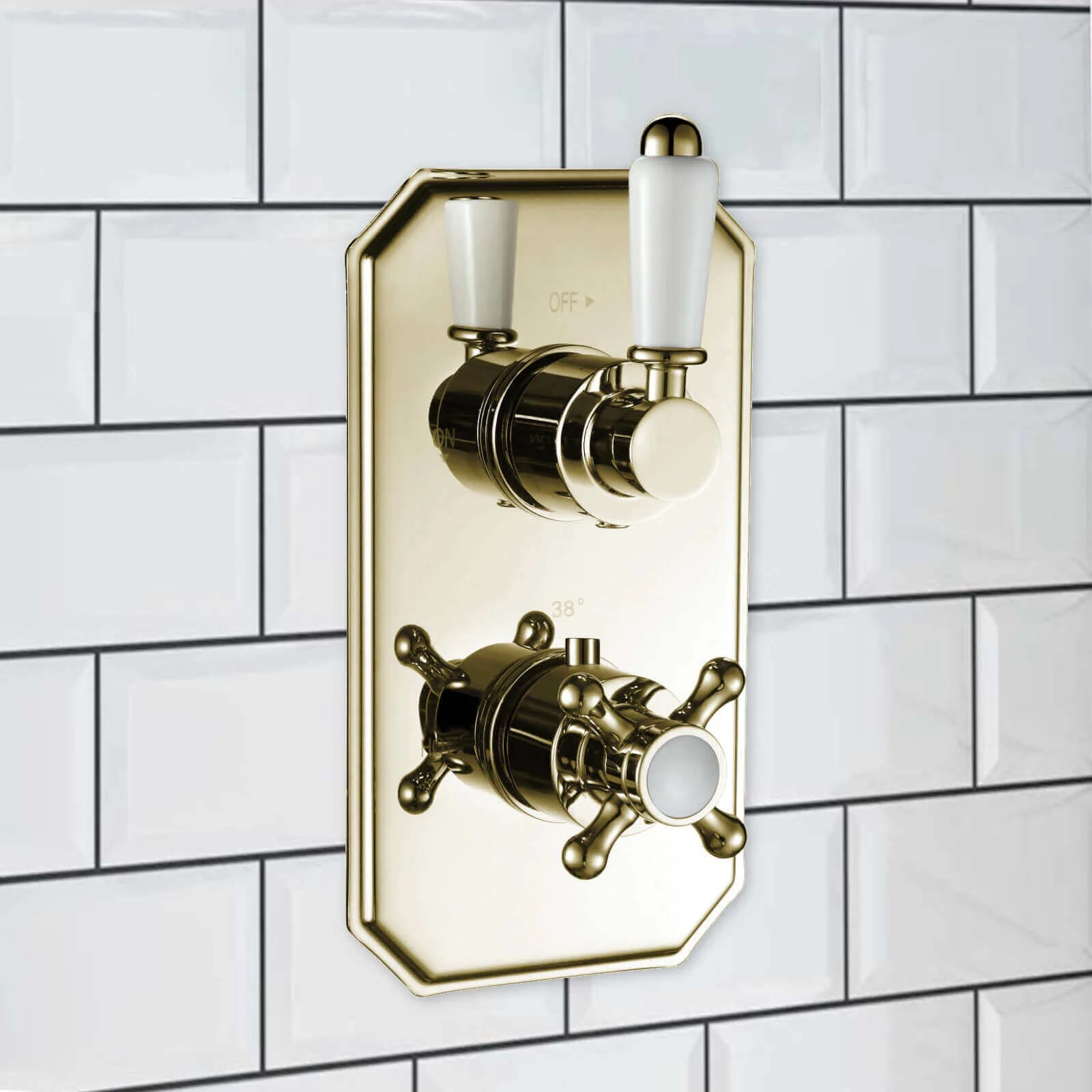 Regent Traditional Crosshead And White Lever Concealed Thermostatic Shower Set Ceiling Fixed 8" Shower Head - brass Gold (1 Outlet) - Image 2