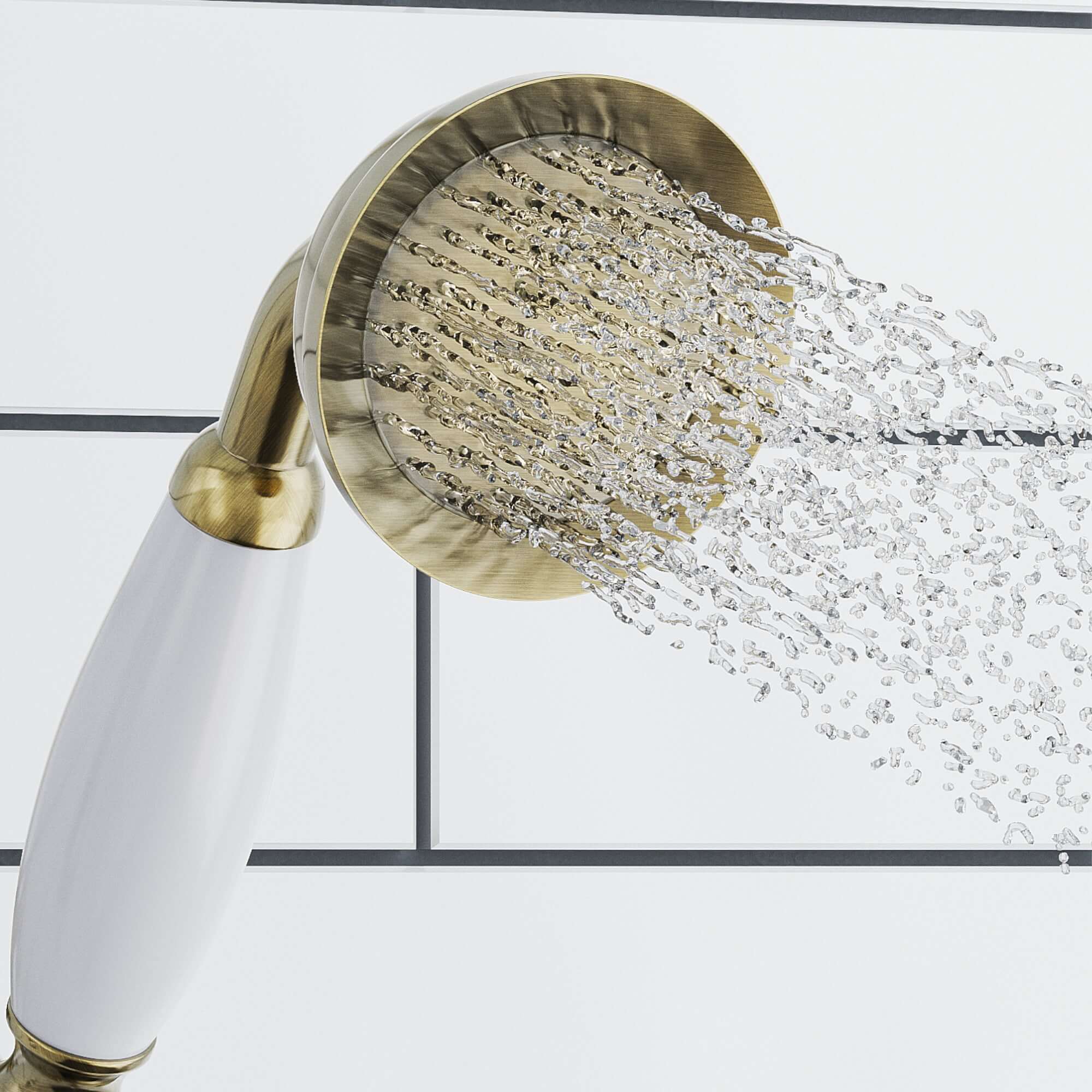 Regent Traditional Crosshead And White Lever Concealed Thermostatic Shower Set Incl. Triple Diverter Valve, Wall Fixed 8" Shower Head, Handshower Kit, Bath Filler Waste with Overflow - Antique Brass (3 Outlet) - Image 3