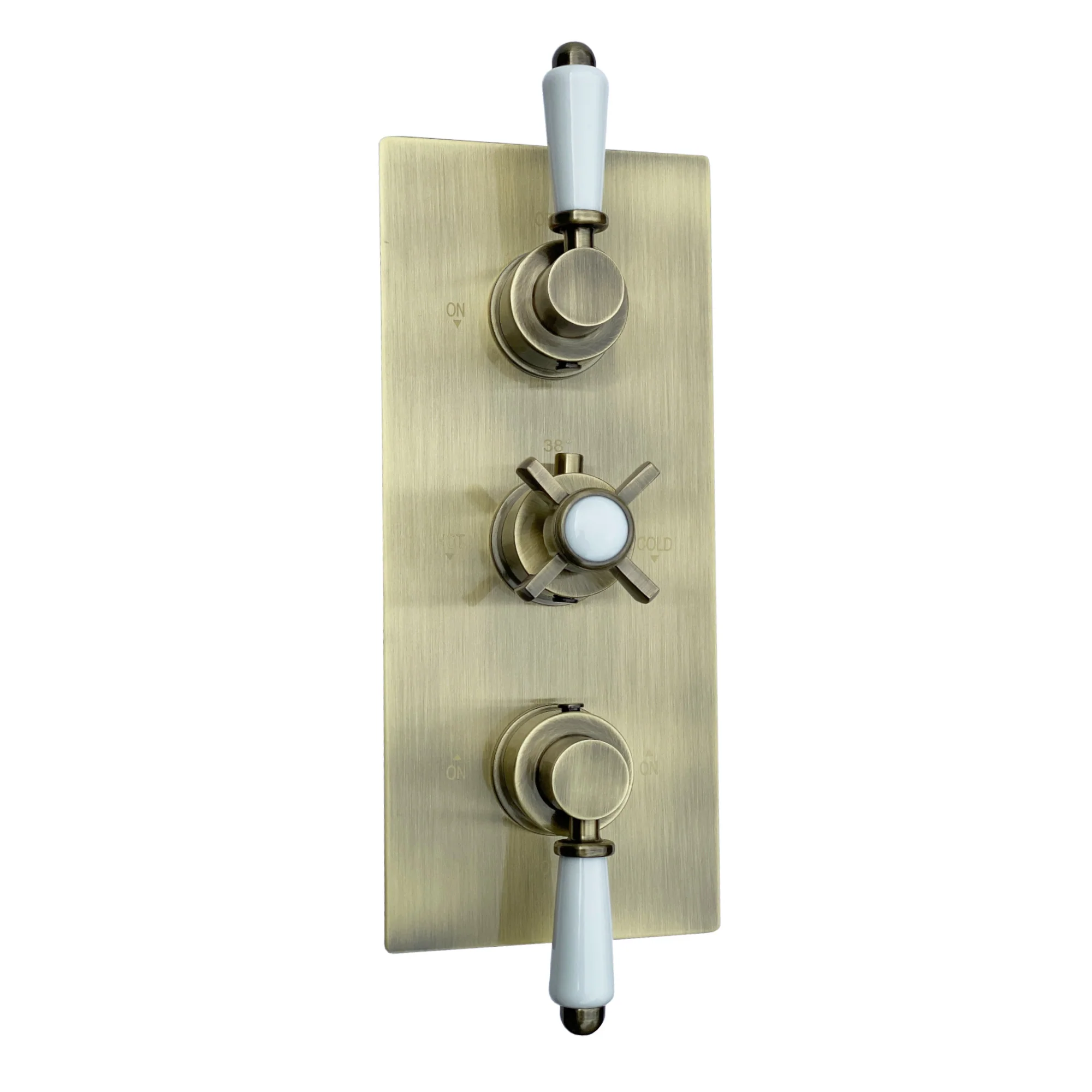 Regent Traditional Crosshead And White Lever Concealed Thermostatic Shower Set Incl. Triple Diverter Valve, Wall Fixed 8" Shower Head, Slider Rail Kit, Bath Filler Waste with Overflow - Antique Brass (3 Outlet) - Image 5