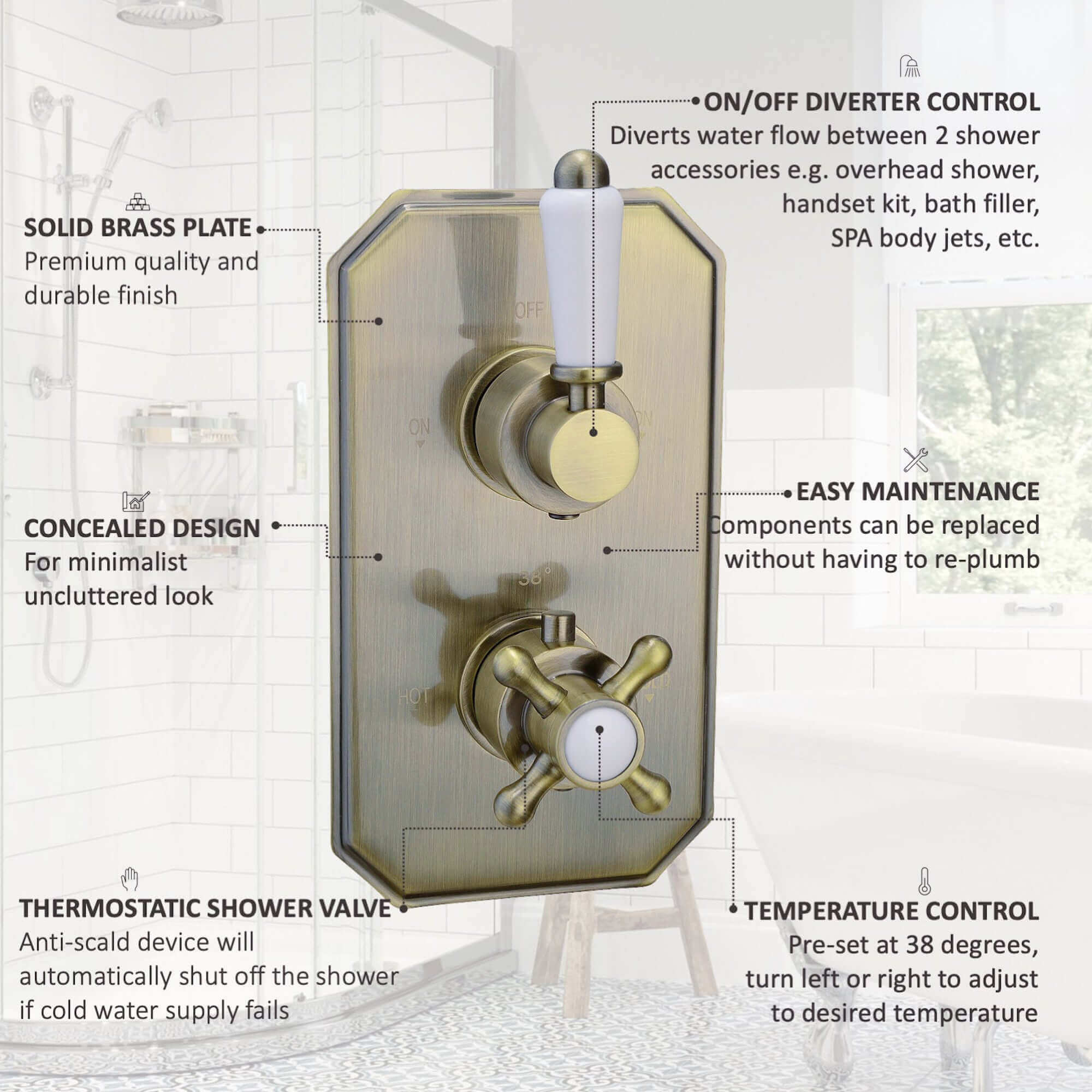 Regent Traditional Crosshead And White Lever Concealed Thermostatic Shower Set Incl. Twin Valve, Wall Fixed 8" Shower Head, Handshower Kit - Antique Brass (2 Outlet) - Image 8