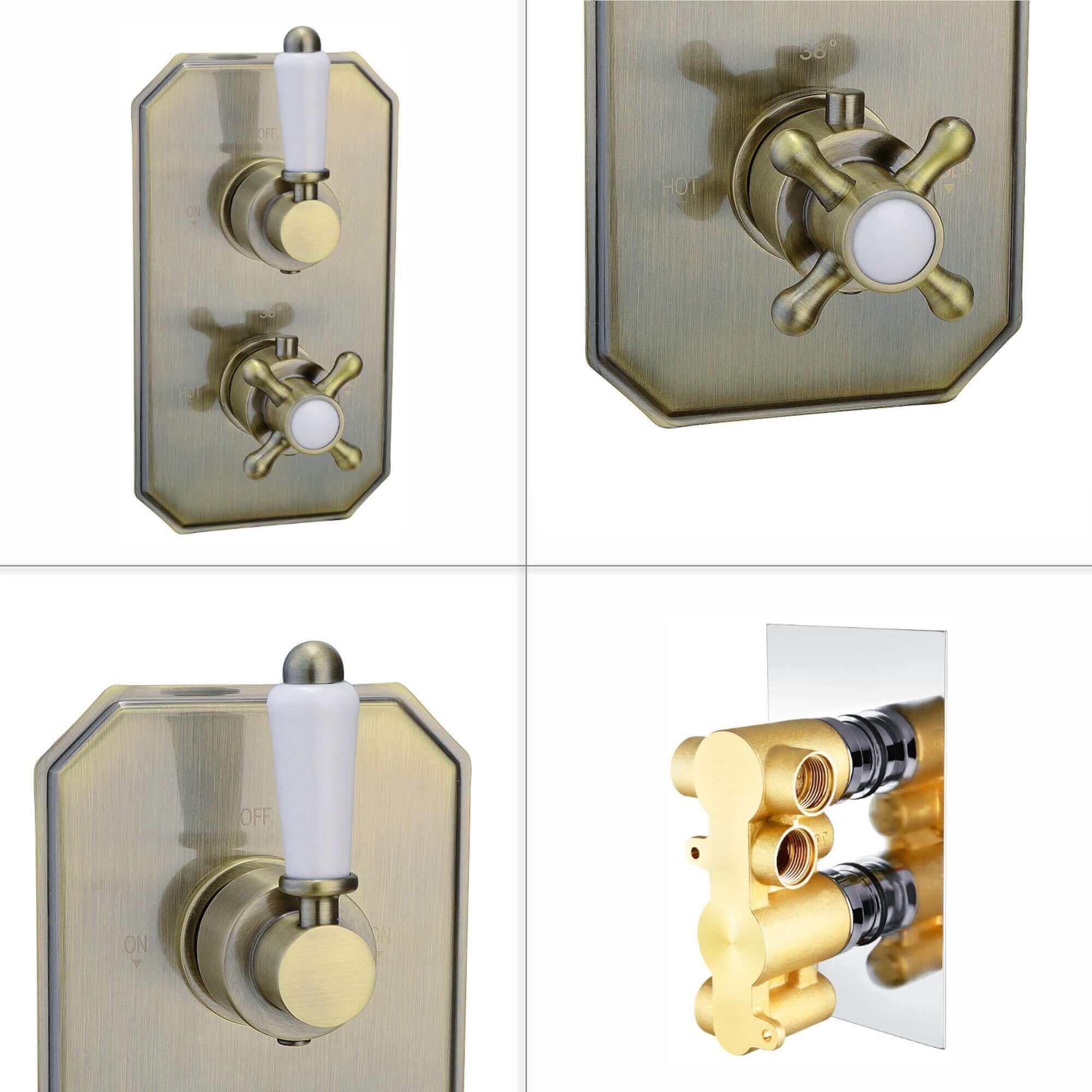 Regent Traditional Crosshead And White Lever Concealed Thermostatic Shower Set Incl. Twin Valve, Wall Fixed 8" Shower Head, Handshower Kit - Antique Brass (2 Outlet) - Image 9