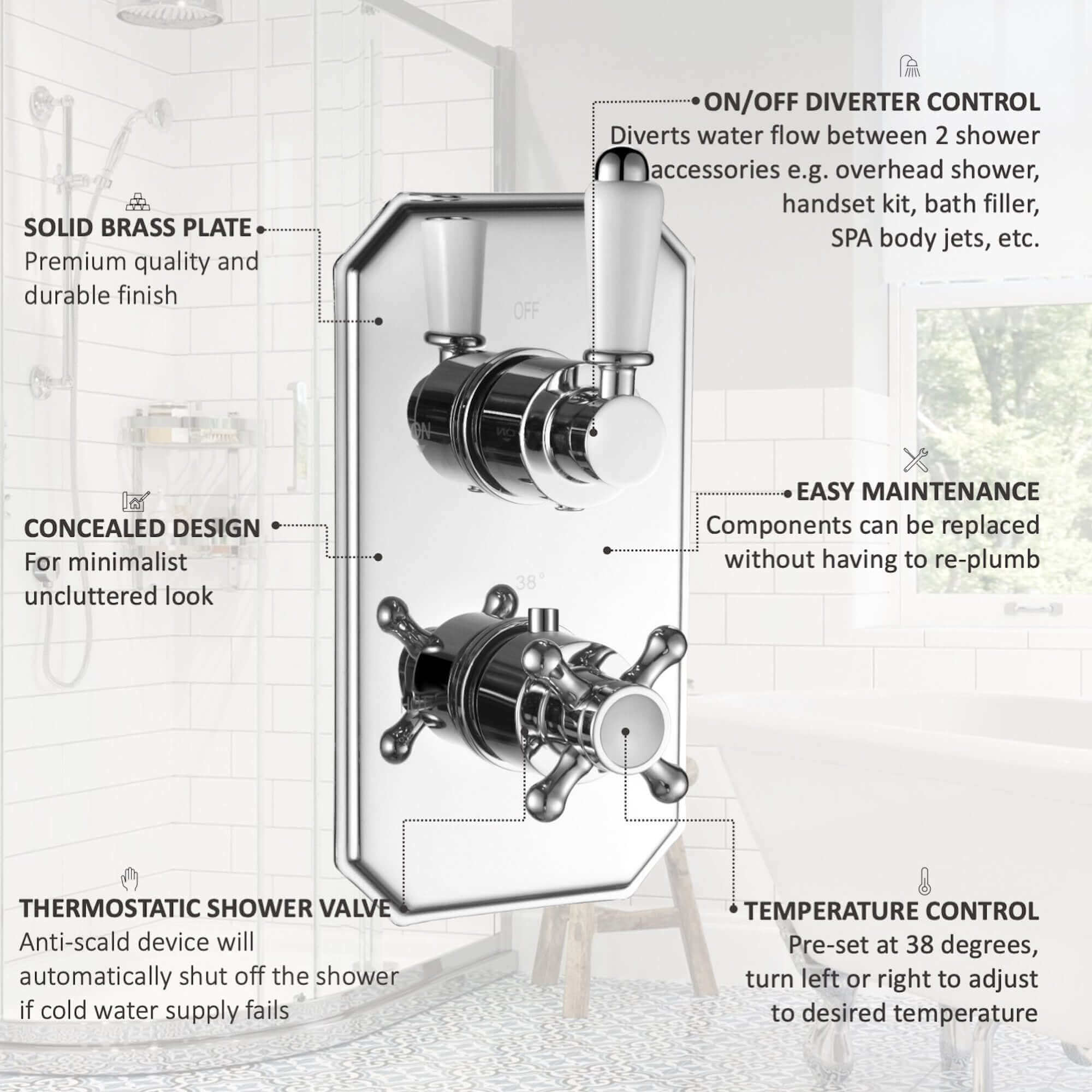 Regent Traditional Crosshead And White Lever Concealed Thermostatic Shower Set Incl. Twin Valve, Wall Fixed 8" Shower Head, Handshower Kit - Chrome (2 Outlet) - Image 6