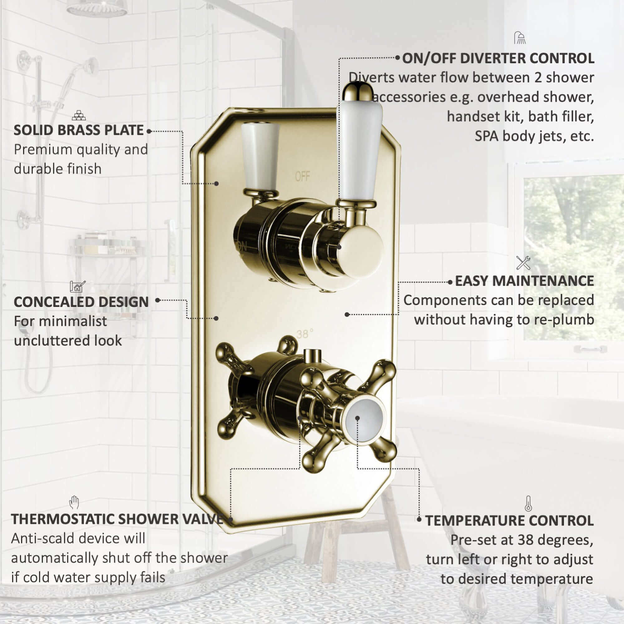Regent Traditional Crosshead And White Lever Concealed Thermostatic Shower Set Incl. Twin Valve, Wall Fixed 8" Shower Head, Handshower Kit - Gold (2 Outlet) - Image 6