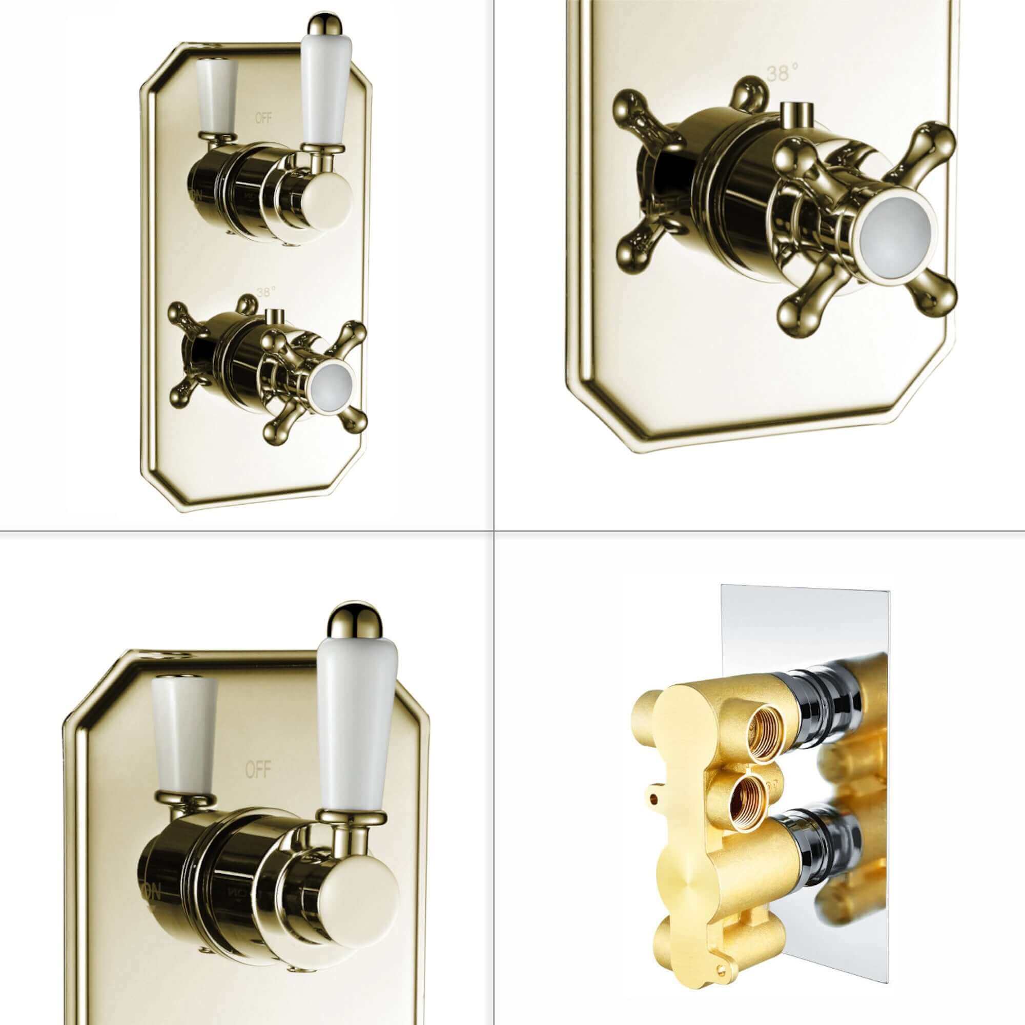 Regent Traditional Crosshead And White Lever Concealed Thermostatic Shower Set Incl. Twin Valve, Wall Fixed 8" Shower Head, Handshower Kit - Gold (2 Outlet) - Image 7