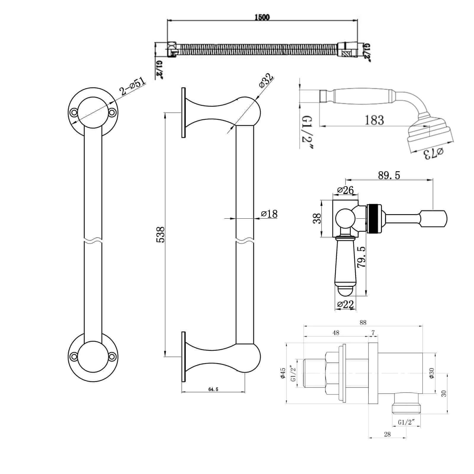 Regent Traditional Crosshead And White Lever Concealed Thermostatic Shower Set Incl. Twin Valve, Wall Fixed 8" Shower Head, Slider Rail Kit - Antique Brass (2 Outlet) - Image 10