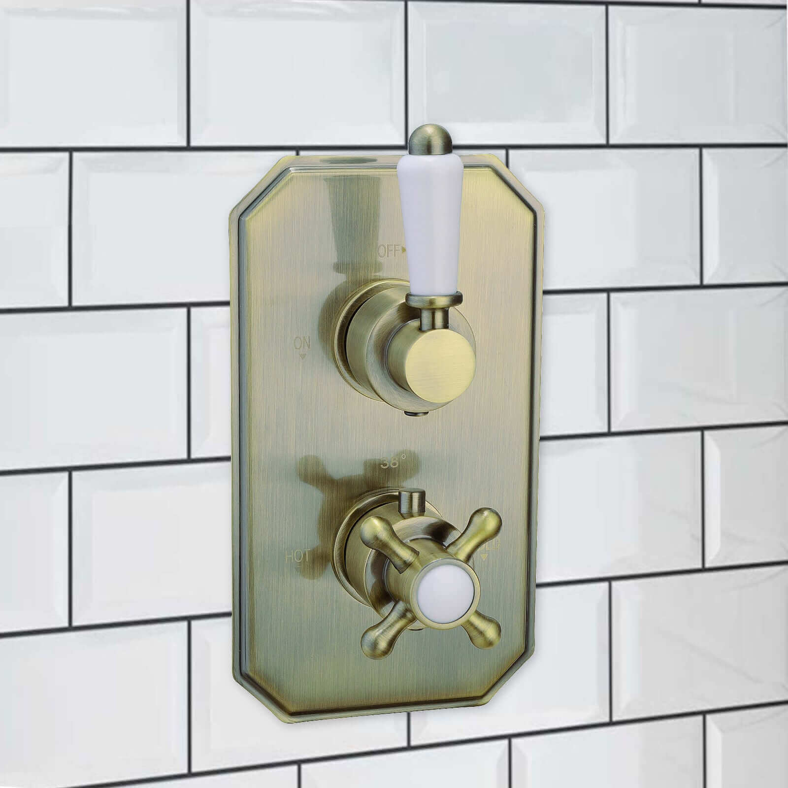 Regent Traditional Crosshead And White Lever Concealed Thermostatic Shower Set Wall Fixed 8" Shower Head - Antique Brass (1 Outlet) - Image 3