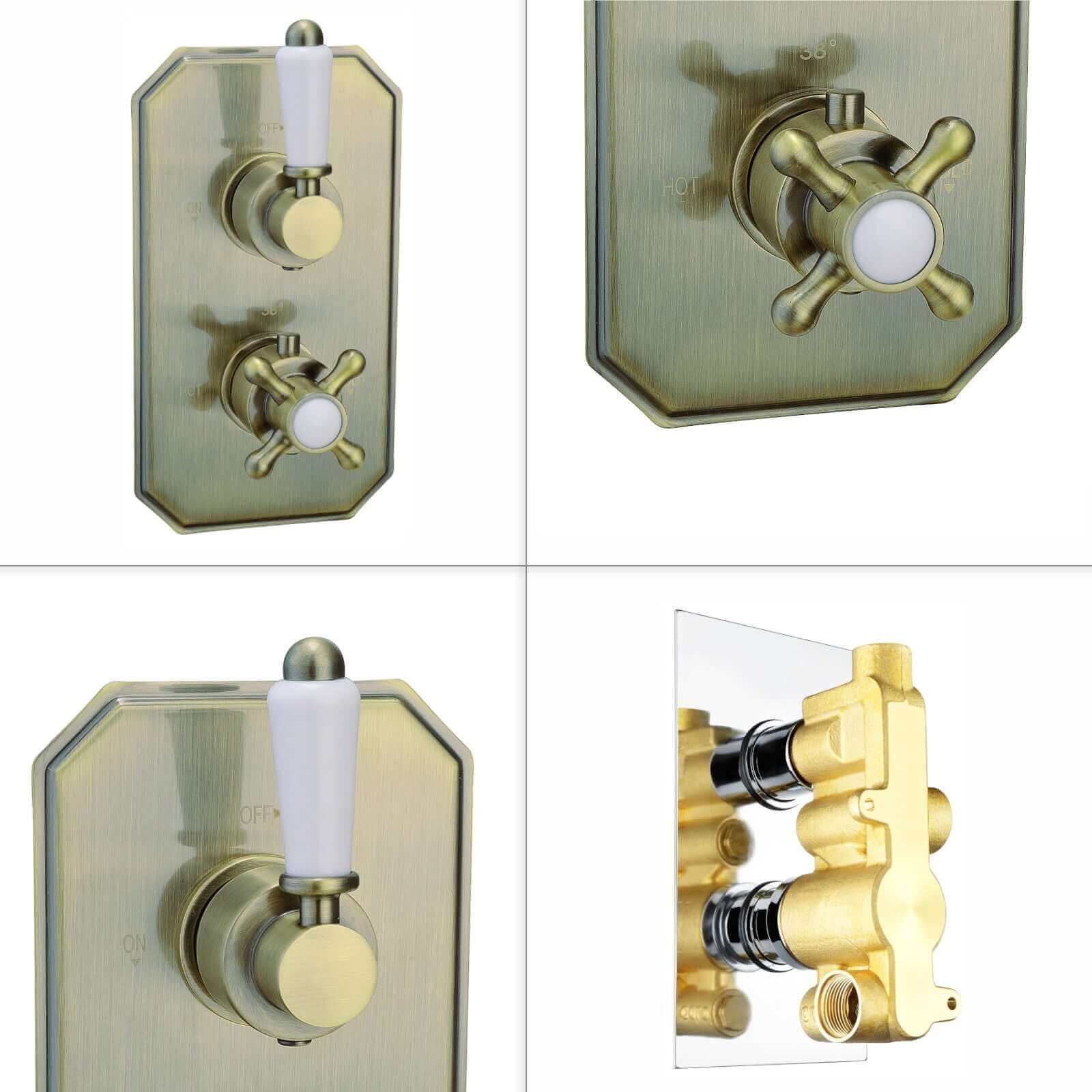 Regent Traditional Crosshead And White Lever Concealed Thermostatic Shower Set Wall Fixed 8" Shower Head - Antique Brass (1 Outlet) - Image 6