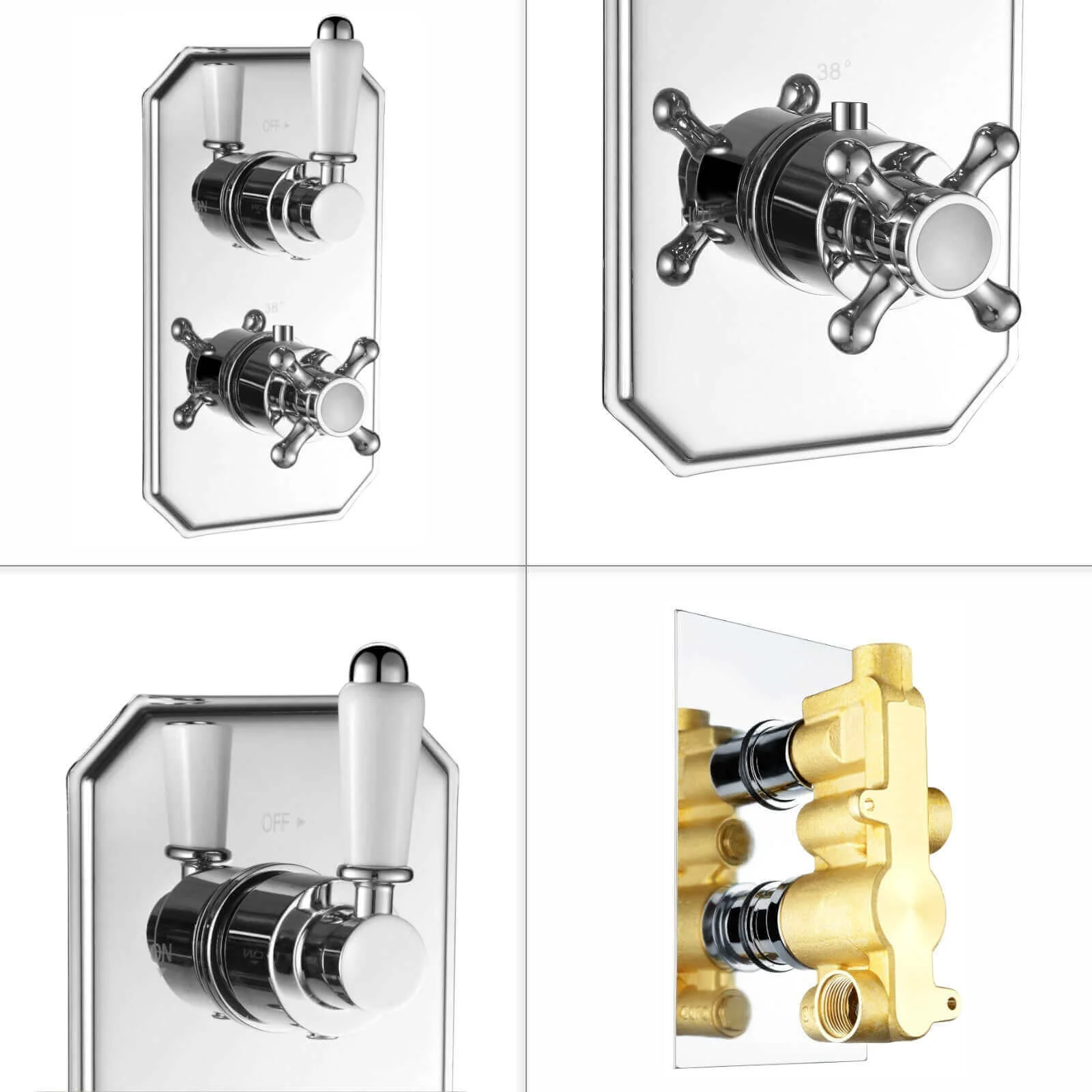 Regent Traditional Crosshead And White Lever Concealed Thermostatic Shower Set Wall Fixed 8" Shower Head - Chrome (1 Outlet) - Image 5