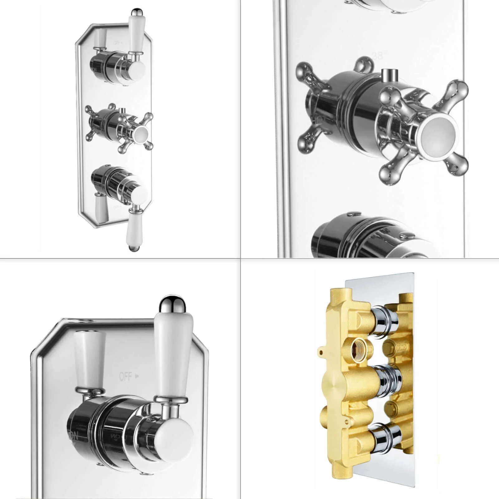 Regent traditional crosshead and white lever concealed thermostatic triple shower valve with 2 outlets - chrome - Image 5