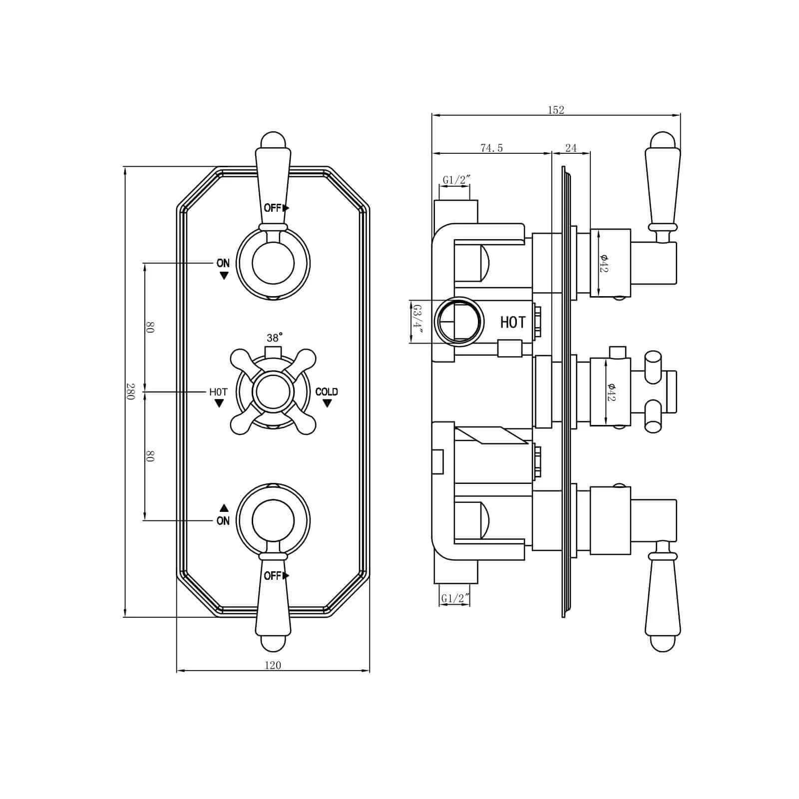 Regent traditional crosshead and white lever concealed thermostatic triple shower valve with 2 outlets - chrome - Image 8