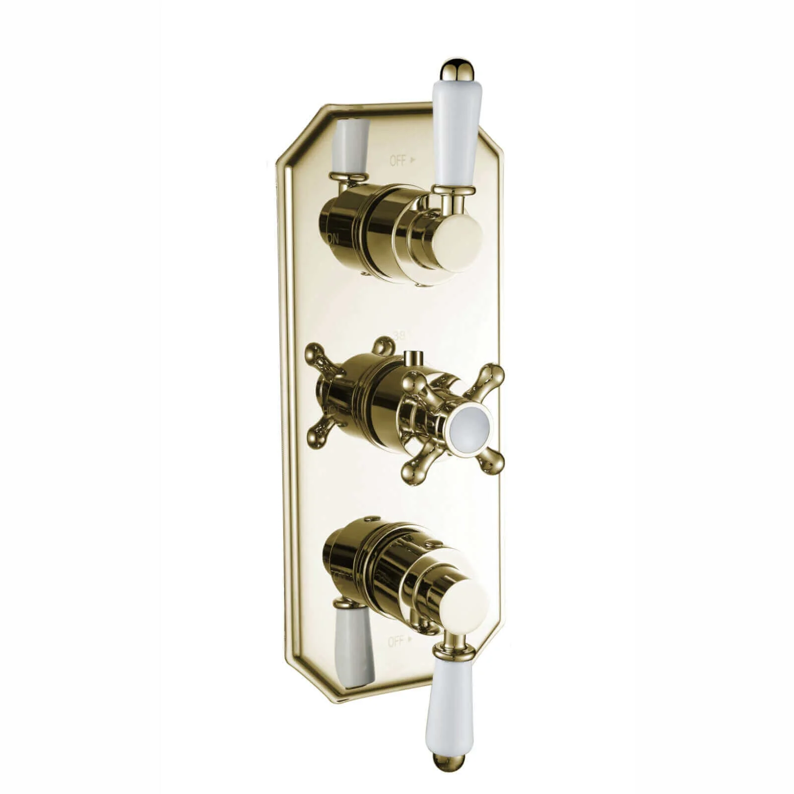 Regent traditional crosshead and white lever concealed thermostatic triple shower valve with 2 outlets - gold - Image 2