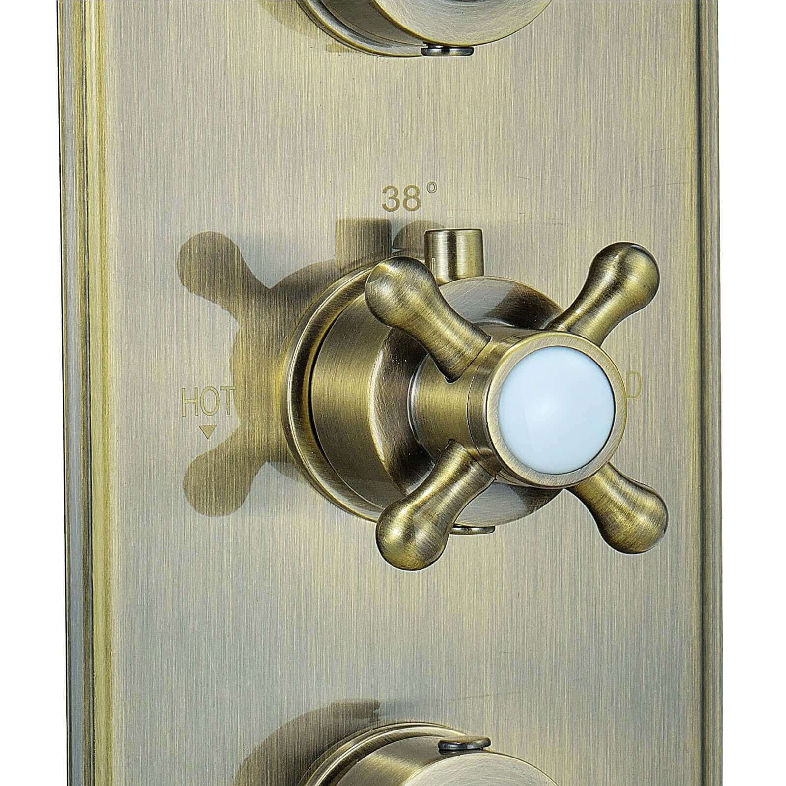 Regent traditional crosshead and white lever concealed thermostatic triple shower valve with 3 outlets - antique brass - Image 4