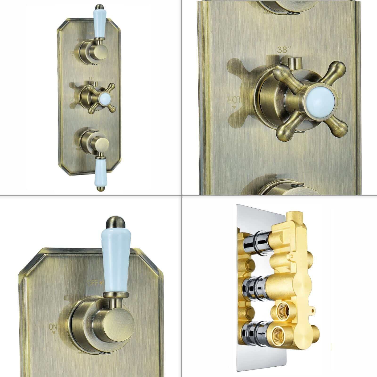 Regent traditional crosshead and white lever concealed thermostatic triple shower valve with 3 outlets - antique brass - Image 5
