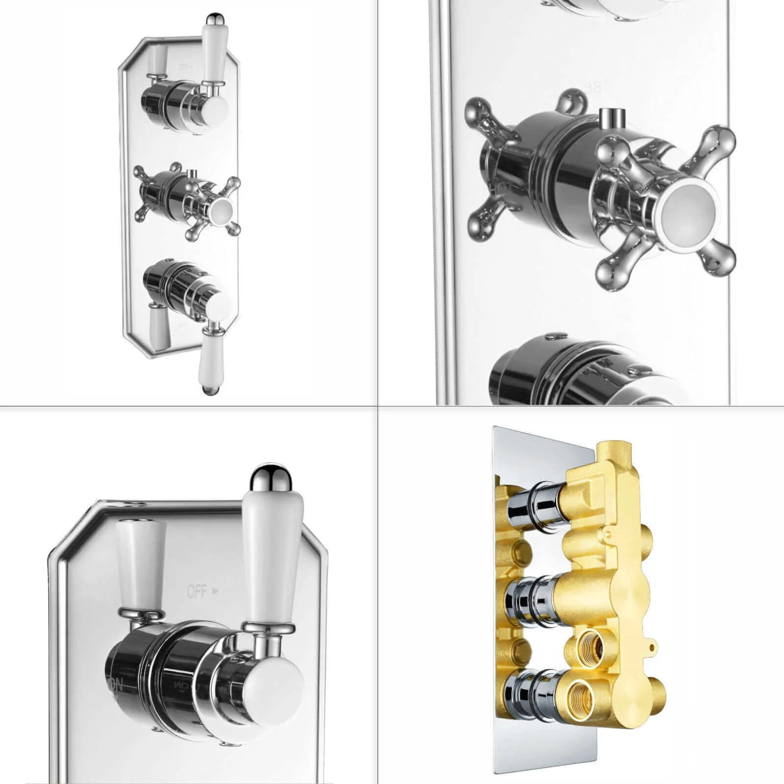 Regent traditional crosshead and white lever concealed thermostatic triple shower valve with 3 outlets - chrome - Image 5