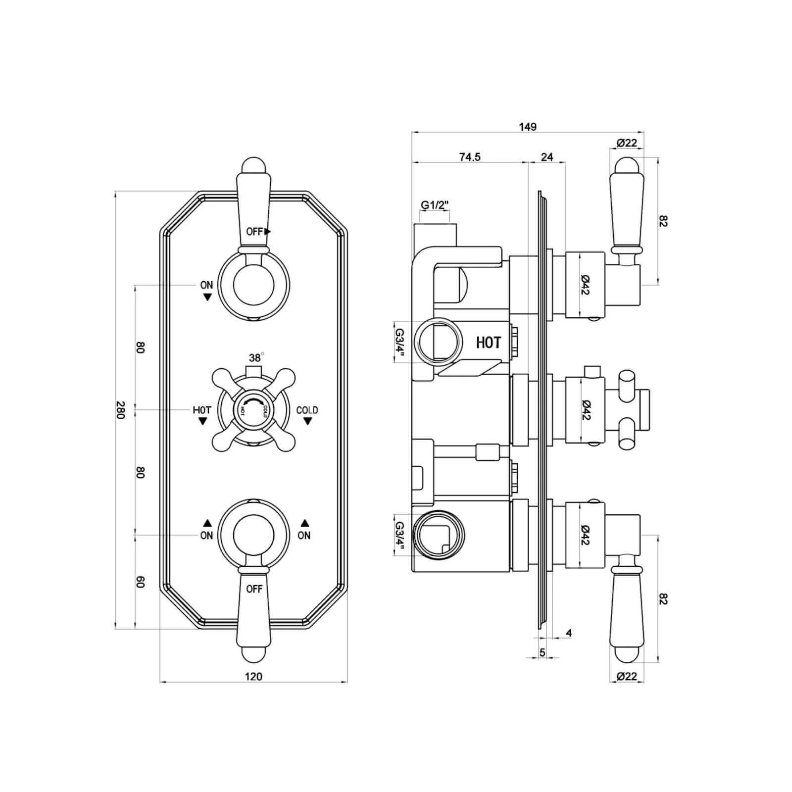 Regent traditional crosshead and white lever concealed thermostatic triple shower valve with 3 outlets - chrome - Image 8