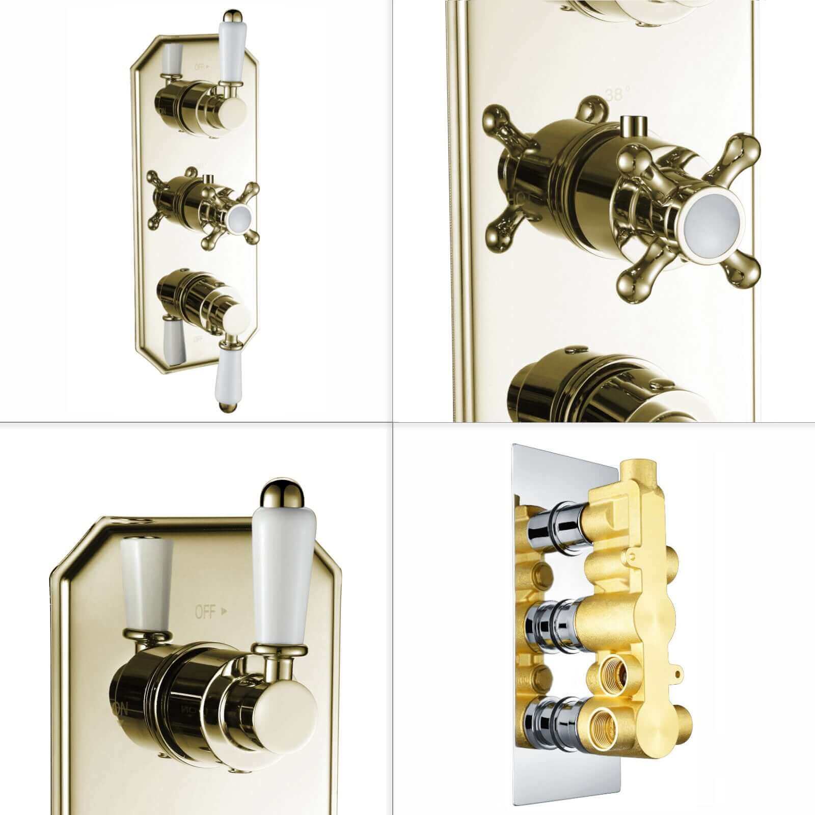 Regent traditional crosshead and white lever concealed thermostatic triple shower valve with 3 outlets - gold - Image 5