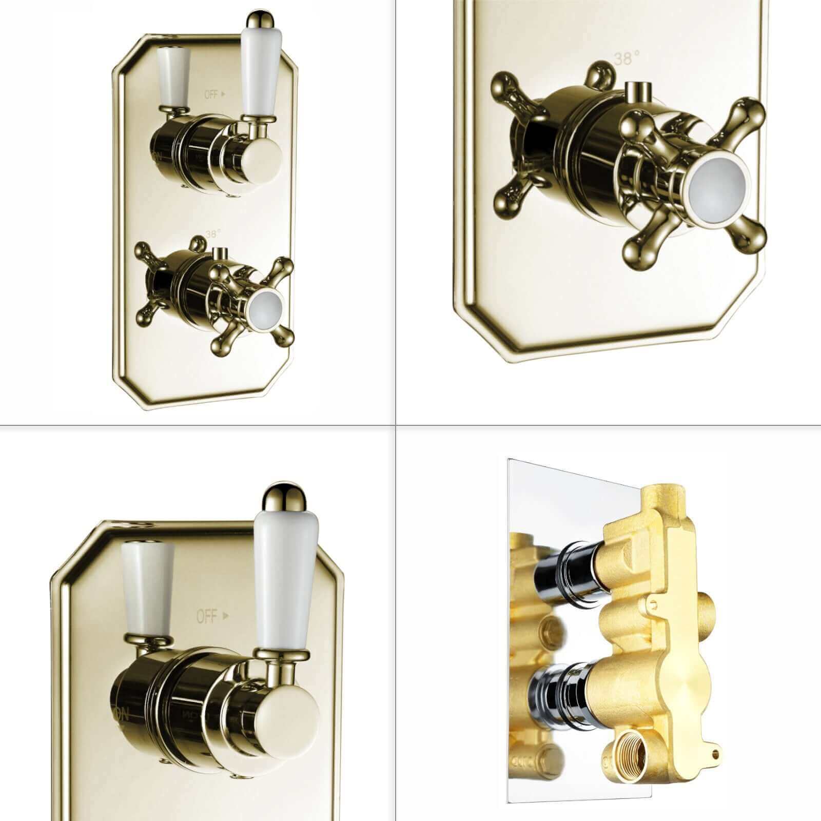 Regent traditional crosshead and white lever concealed thermostatic twin shower valve with 1 outlet - gold - Image 5