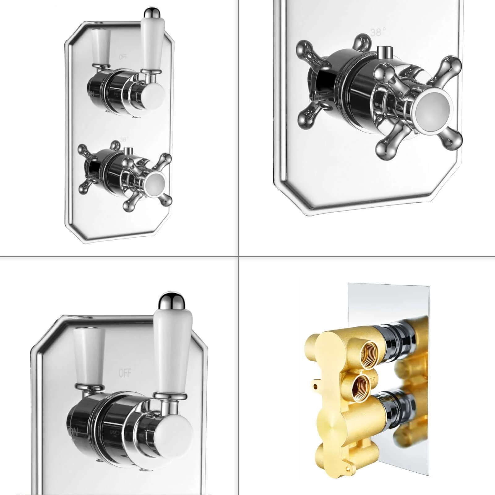 Regent traditional crosshead and white lever concealed thermostatic twin shower valve with 2 outlets - chrome - Image 5