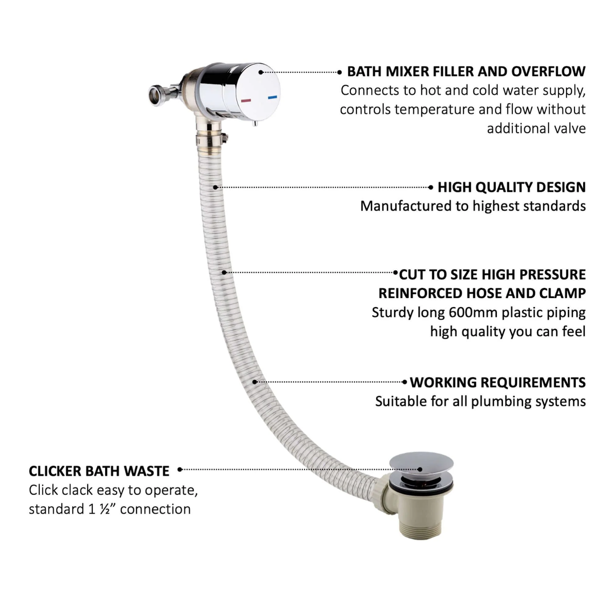 Round temperature control bath mixer filler with overflow and clicker waste - chrome - Image 5