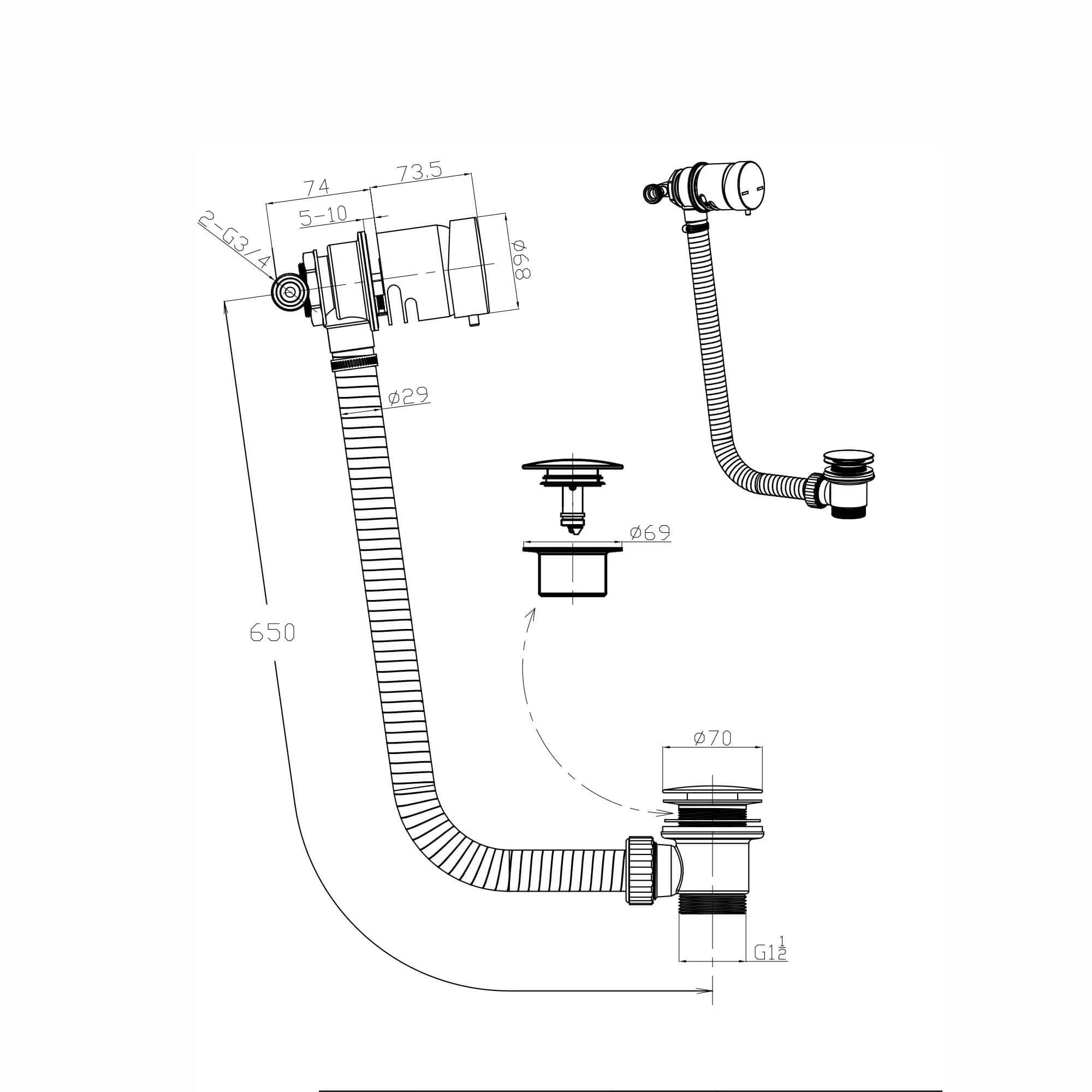 Round temperature control bath mixer filler with overflow and clicker waste - chrome - Image 6