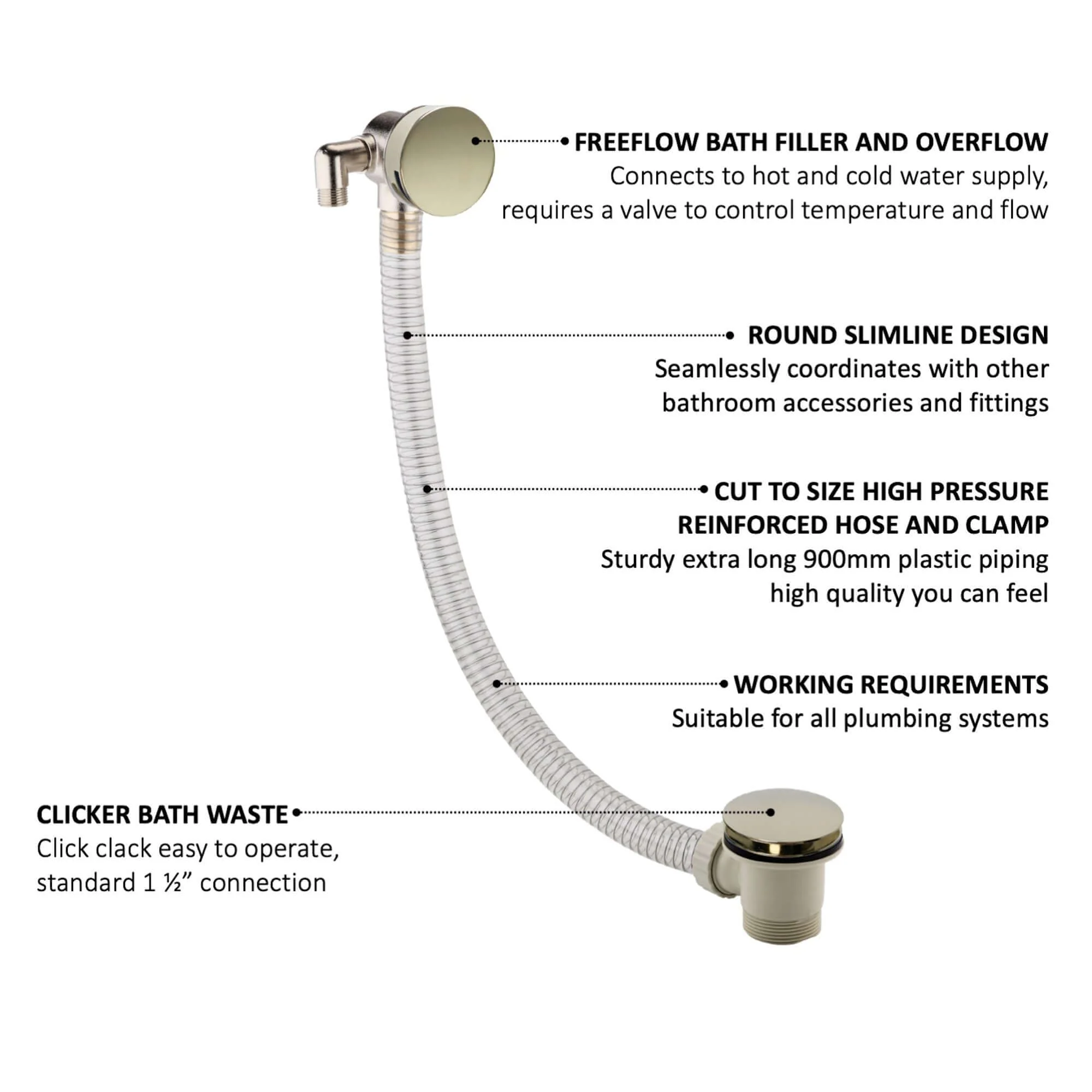 Round Bath Filler with Easy Clean Sprung Waste & Overflow - Gold - Image 4