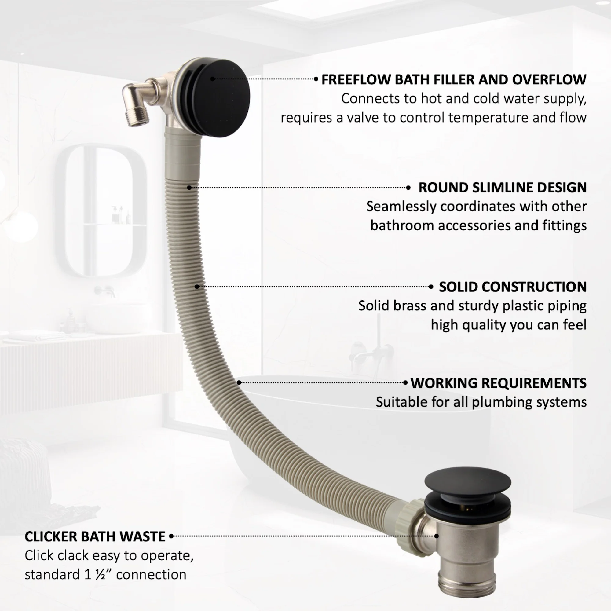Round Bath Filler with Easy Clean Sprung Waste & Overflow - Matt Black - Image 4