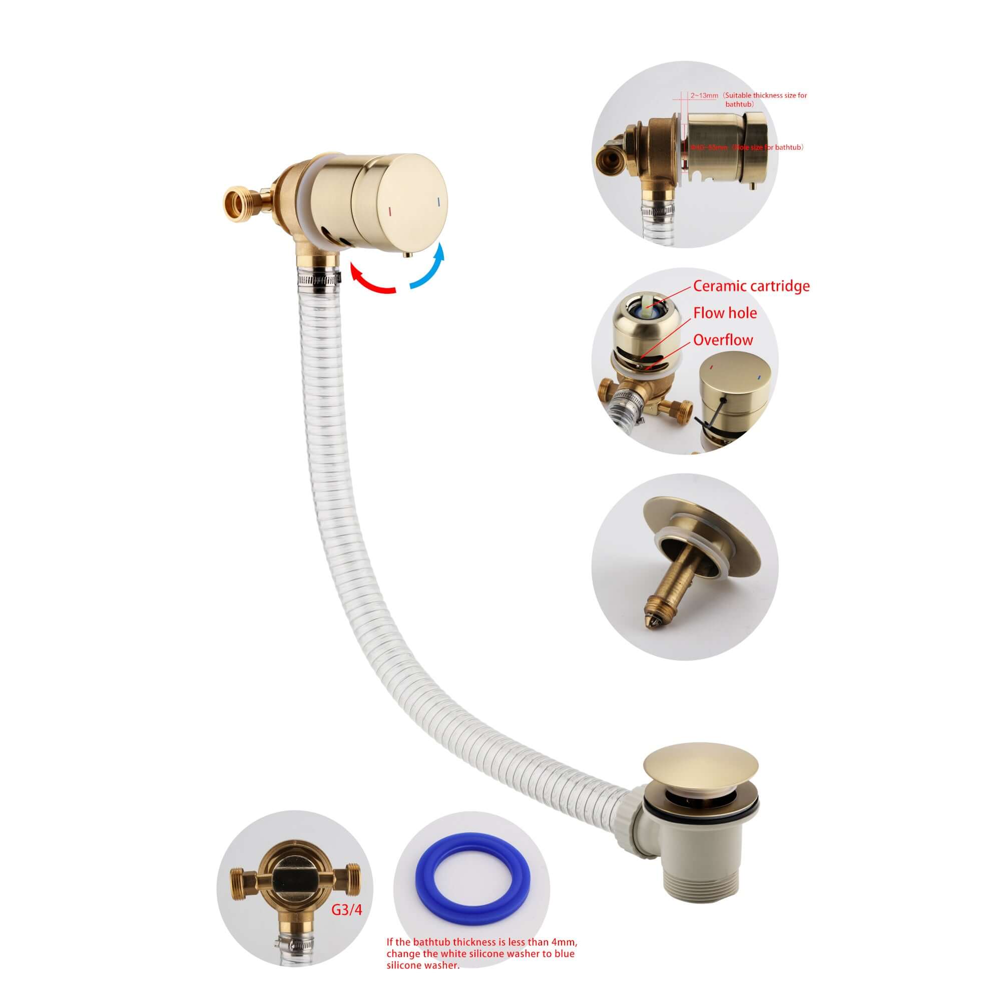 Round temperature control bath mixer filler with overflow and clicker waste - brushed brass - Image 2