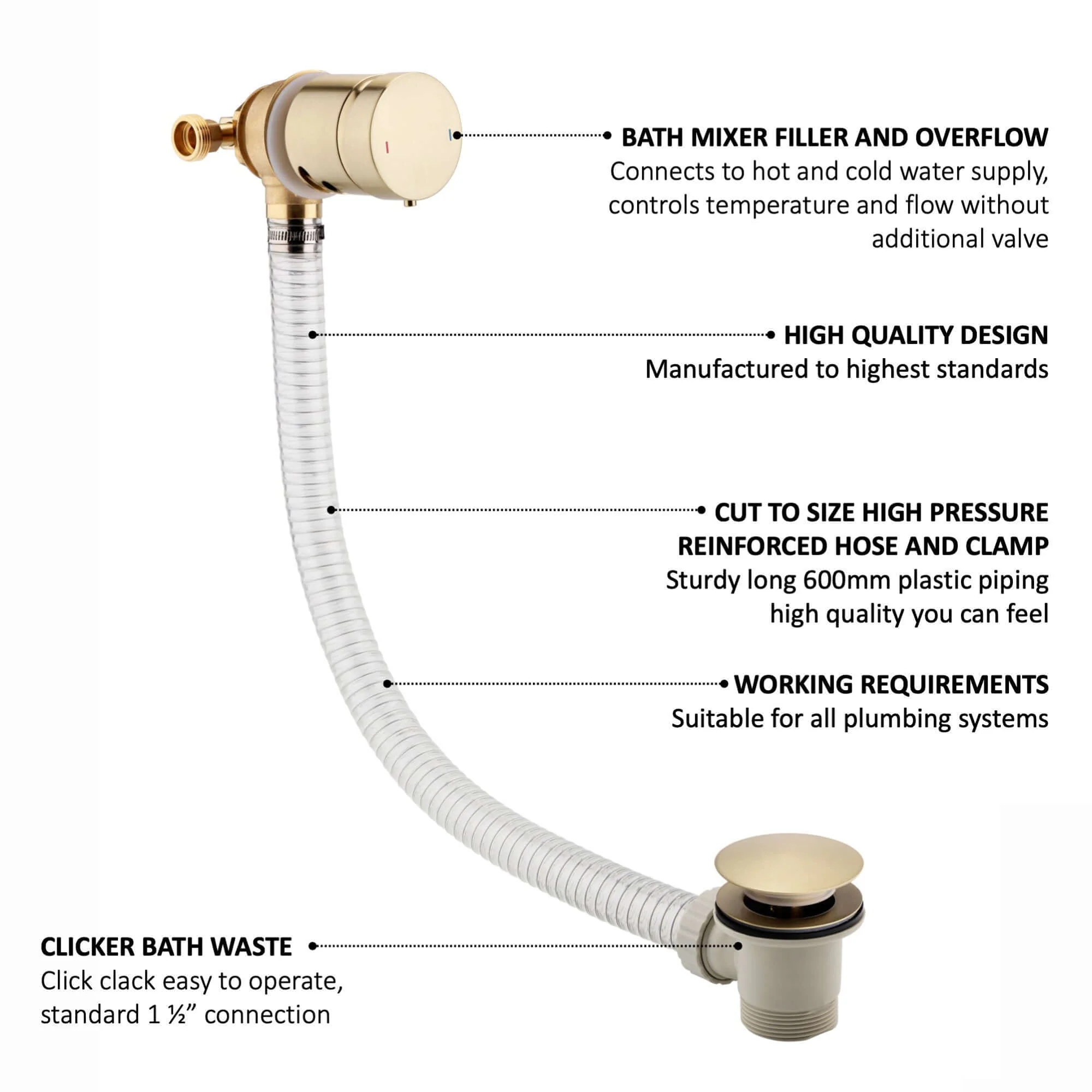 Round temperature control bath mixer filler with overflow and clicker waste - brushed brass - Image 3