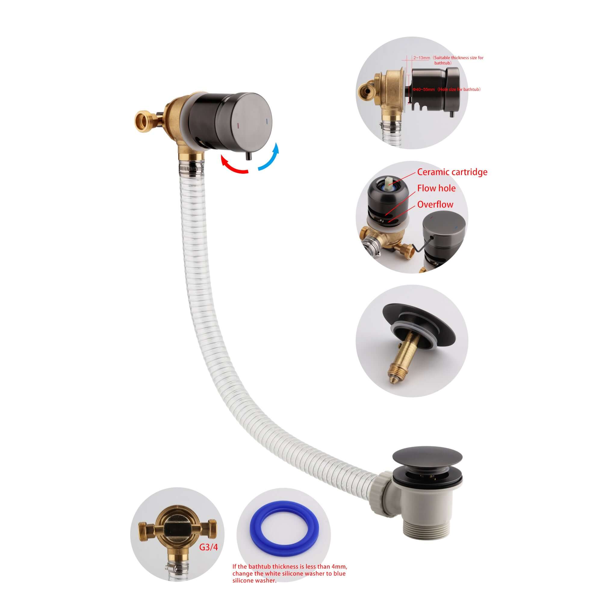 Round temperature control bath mixer filler with overflow and clicker waste - gunmetal grey - Image 2