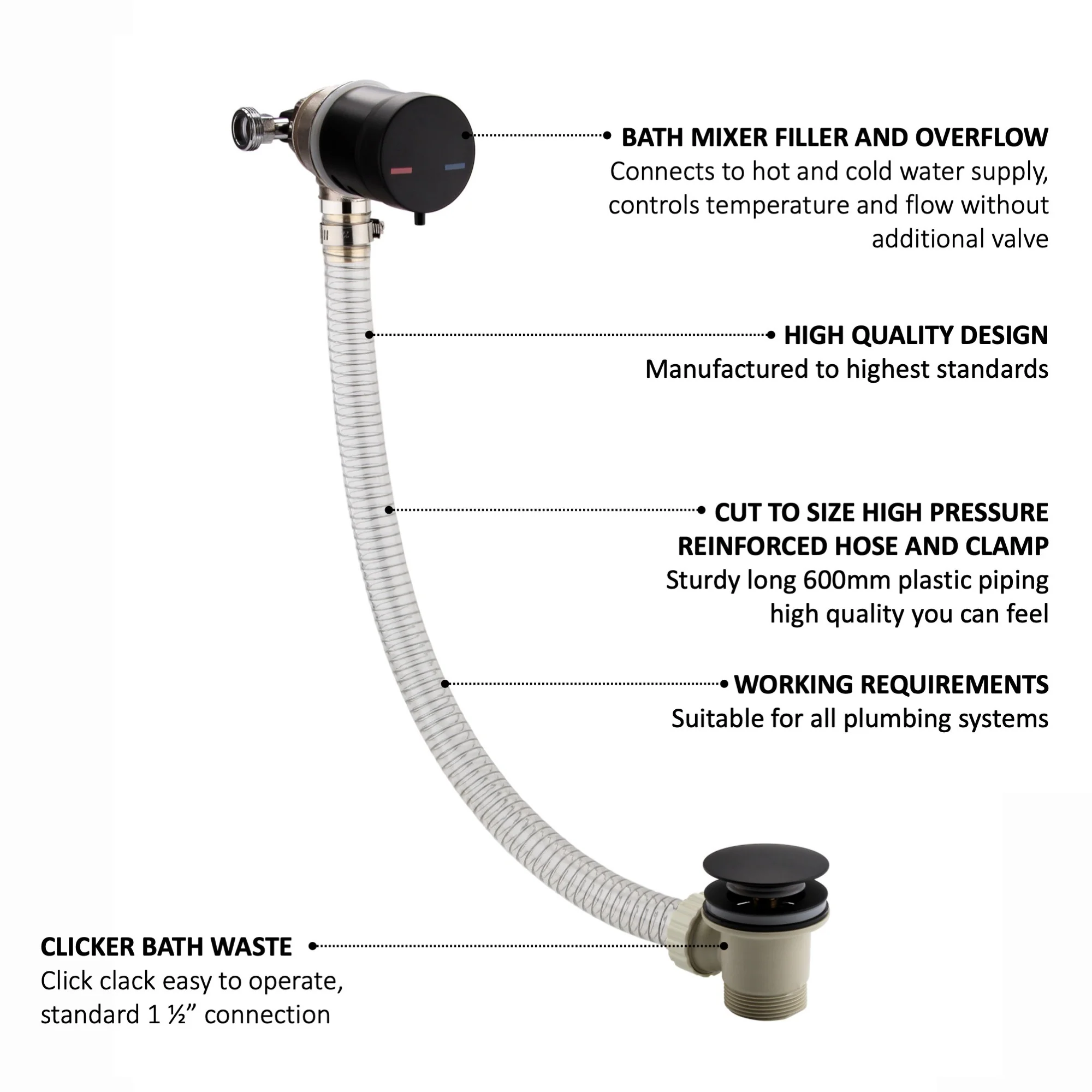 Round temperature control bath mixer filler with overflow and clicker waste - matt black - Image 5