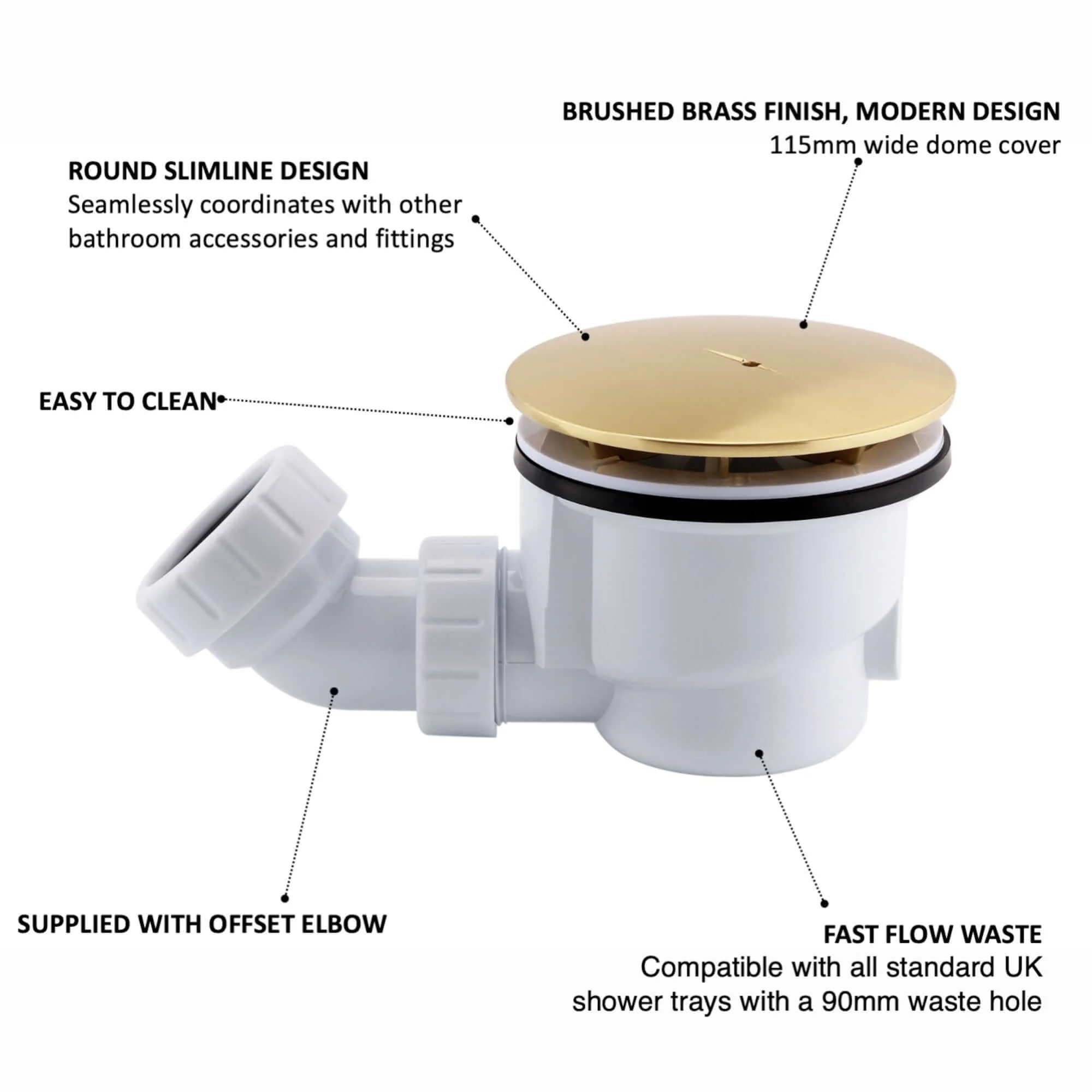 Shower tray high flow waste 90mm - brushed brass - Image 3