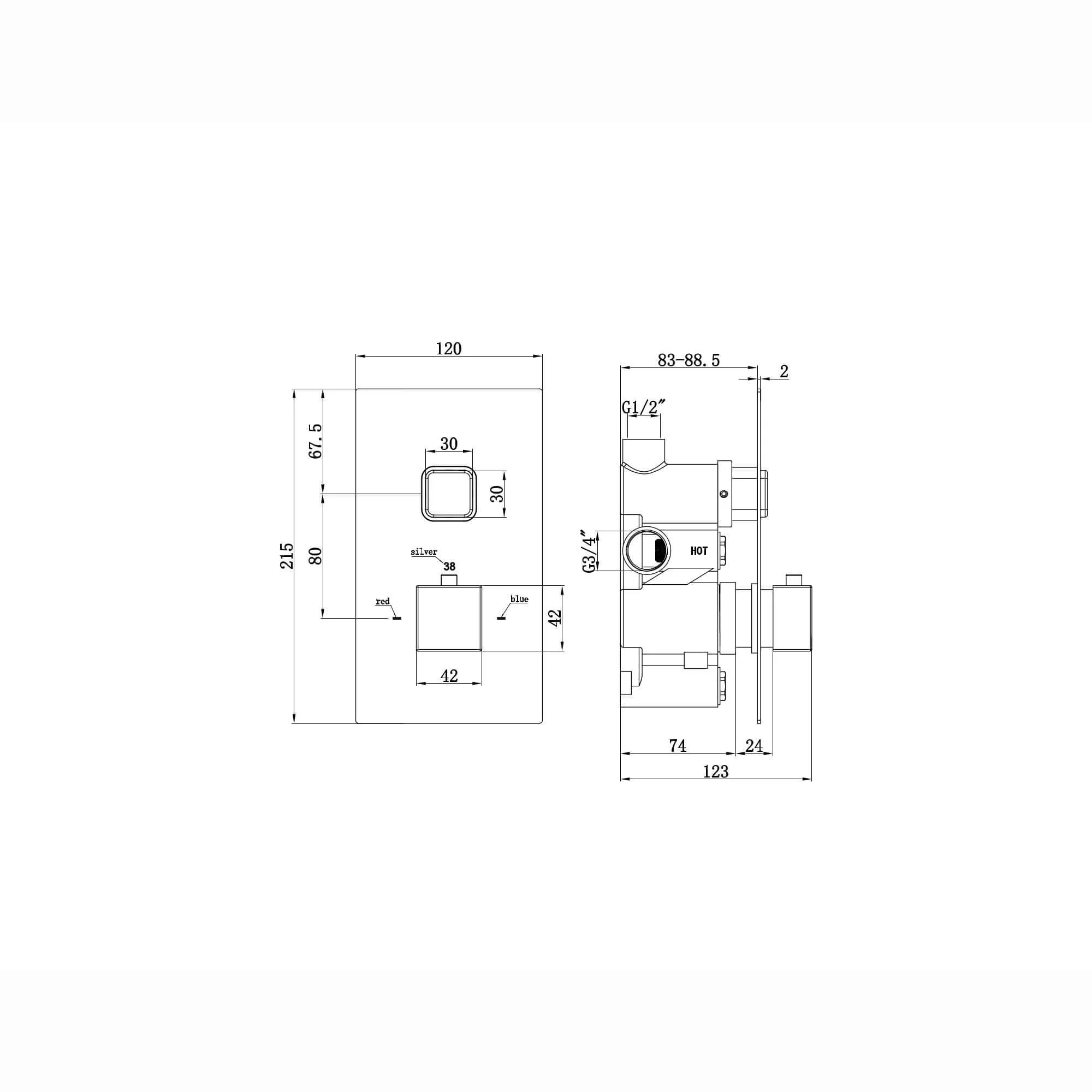 Spello square push button concealed thermostatic shower valve with 1 outlet - black - Image 2