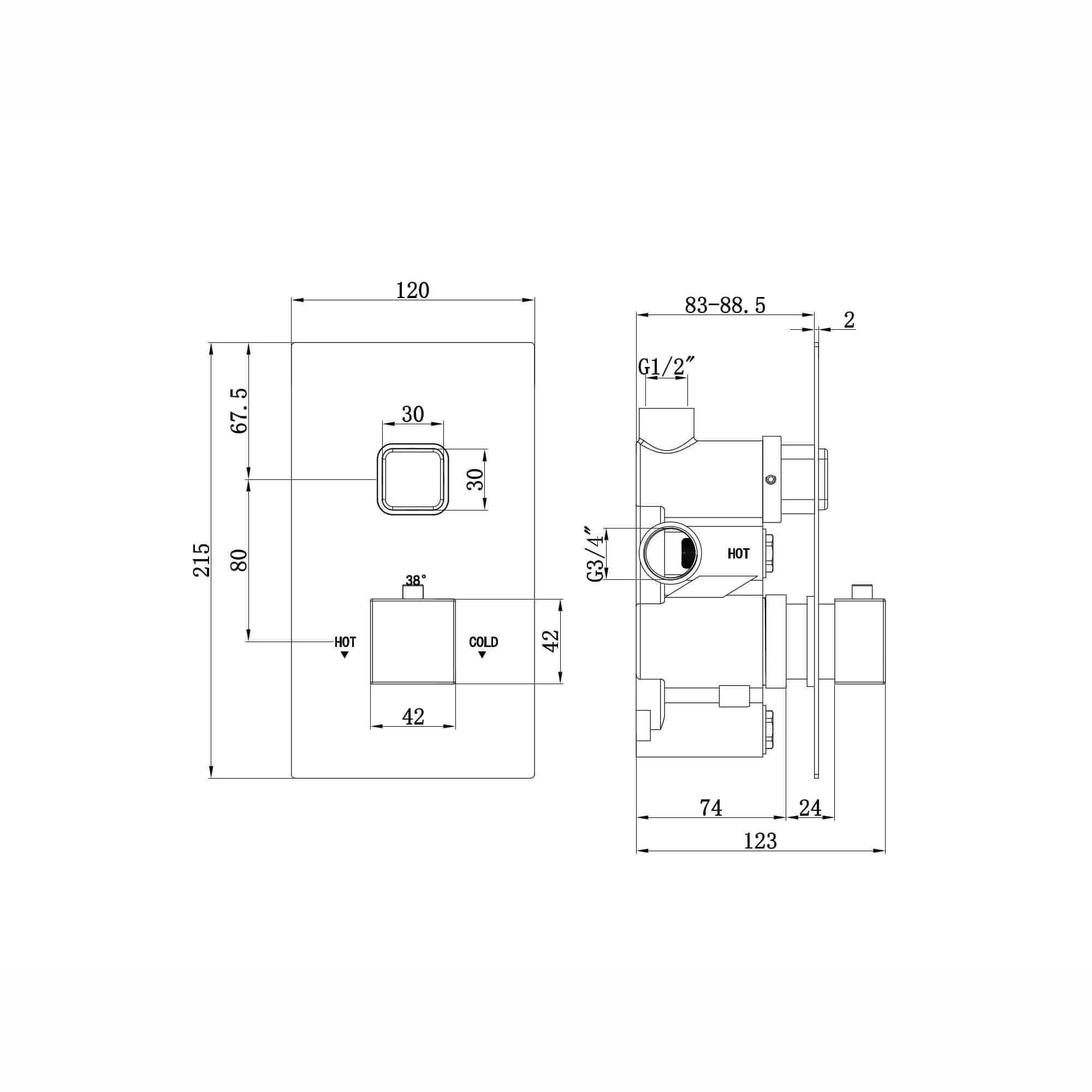 Spello square push button concealed thermostatic shower valve with 1 outlet - chrome - Image 2