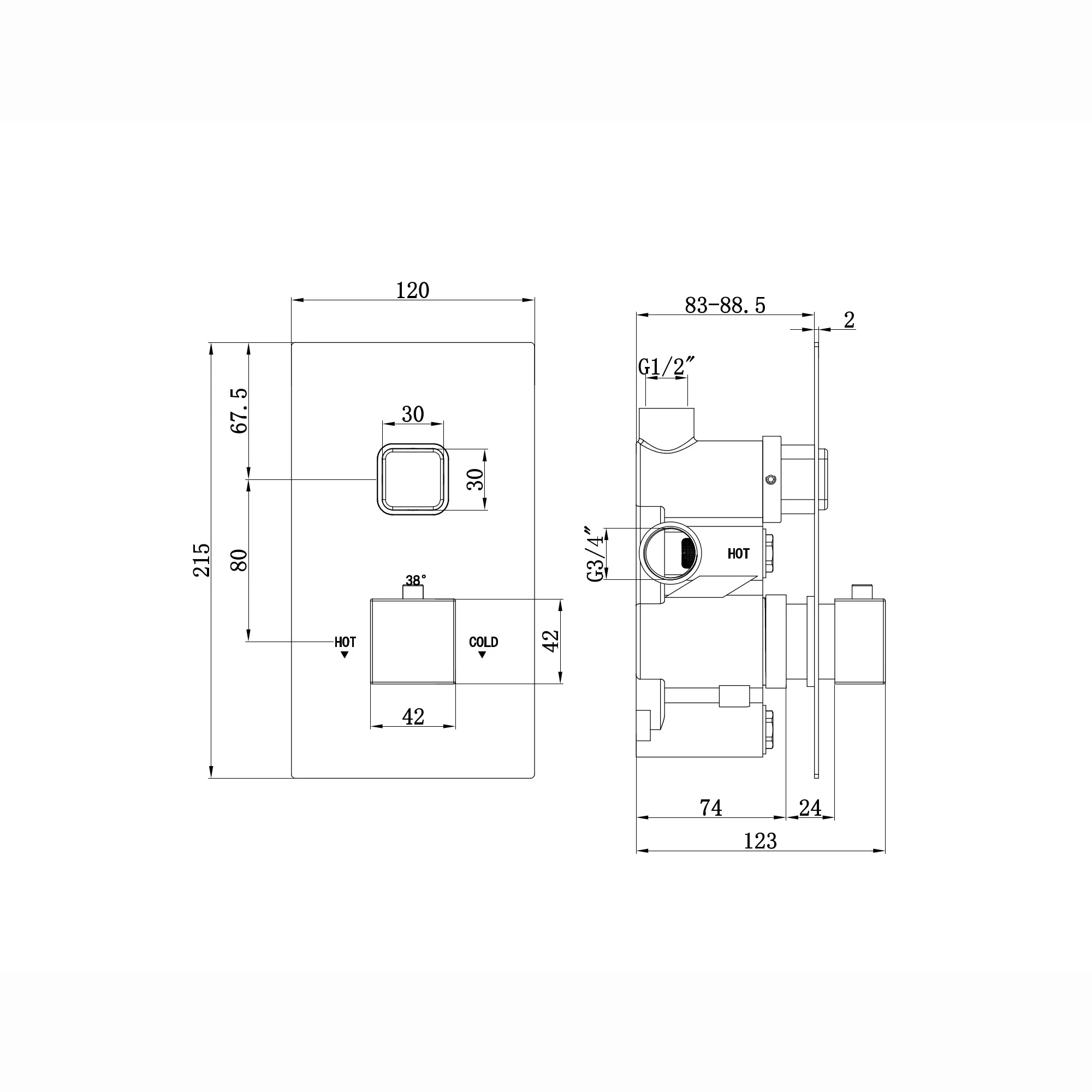 Spello square push button concealed thermostatic shower valve with 1 outlet - gunmetal grey - Image 2