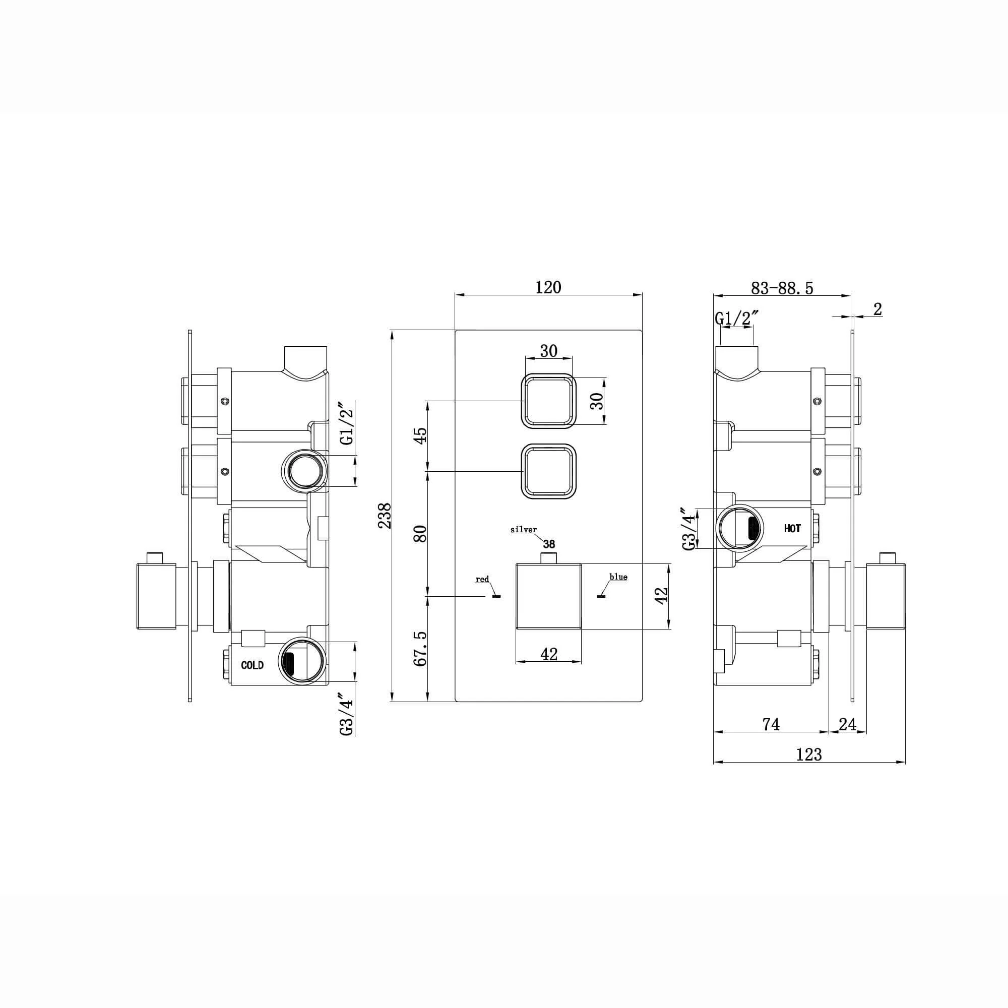 Spello square push button concealed thermostatic shower valve with 2 outlets - black - Image 2