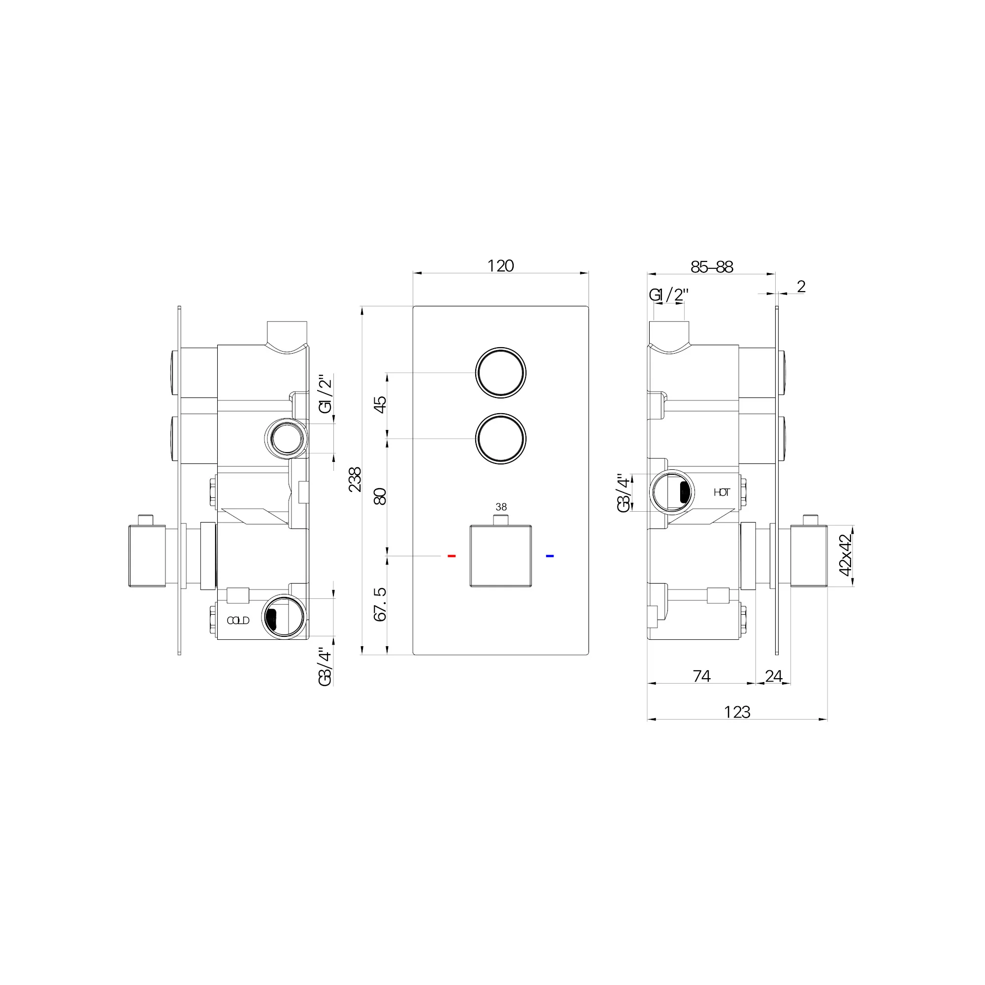 Spello square push button concealed thermostatic shower valve with 2 outlets - gunmetal grey - Image 2