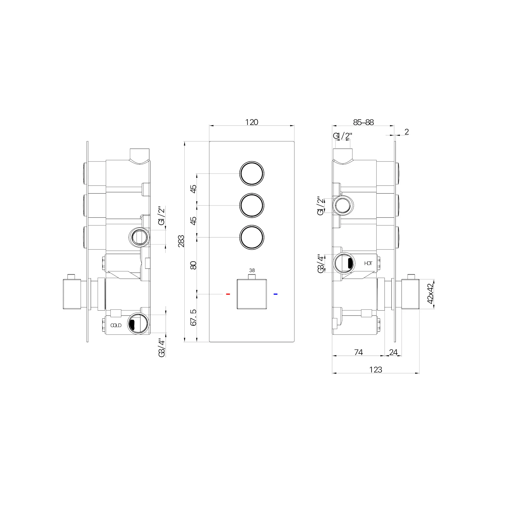 Spello square push button concealed thermostatic triple shower valve with 3 outlets - gunmetal grey - Image 2