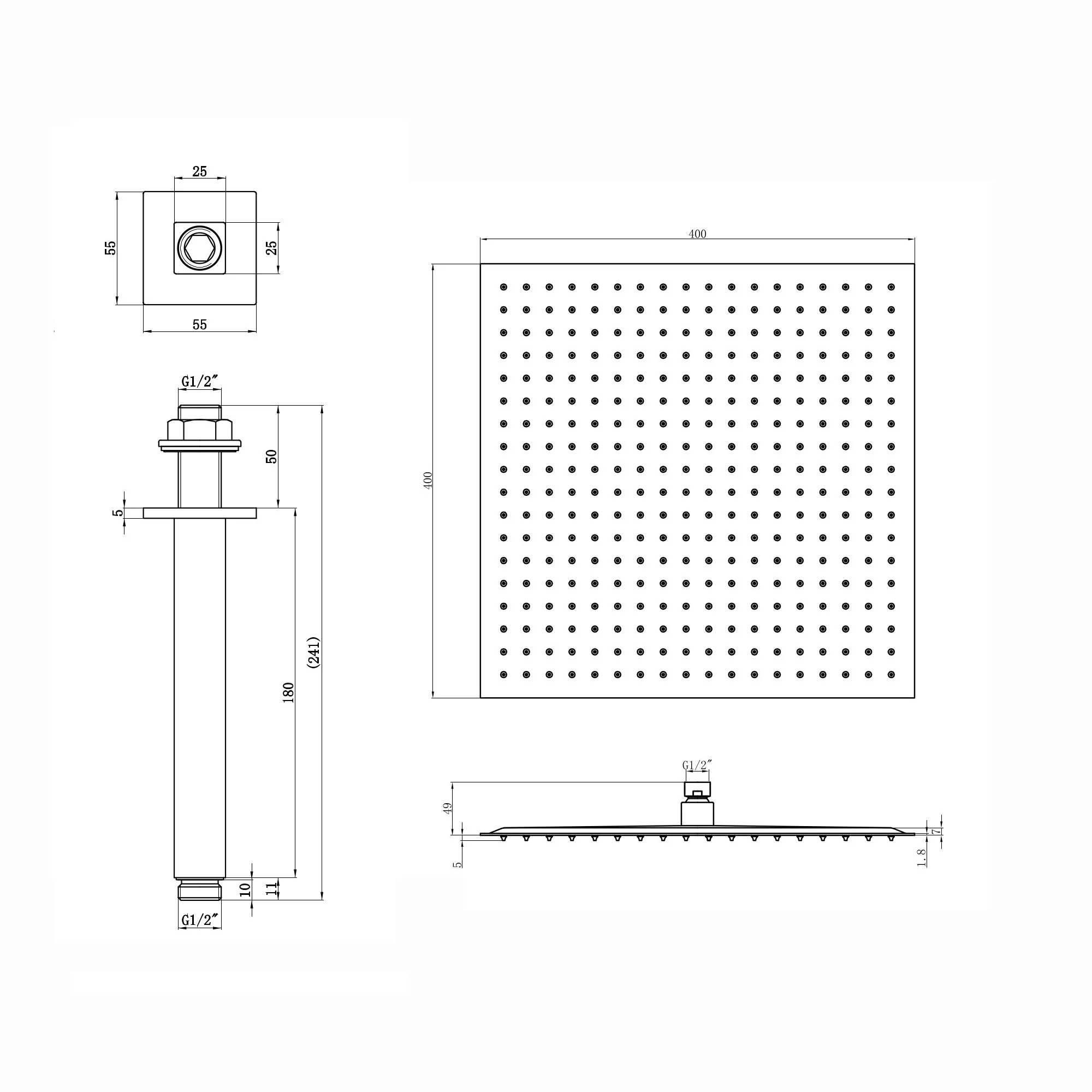 Spello Square Thermostatic Concealed Shower Set with Ceiling Mounted Shower - Gunmetal Grey - Image 5